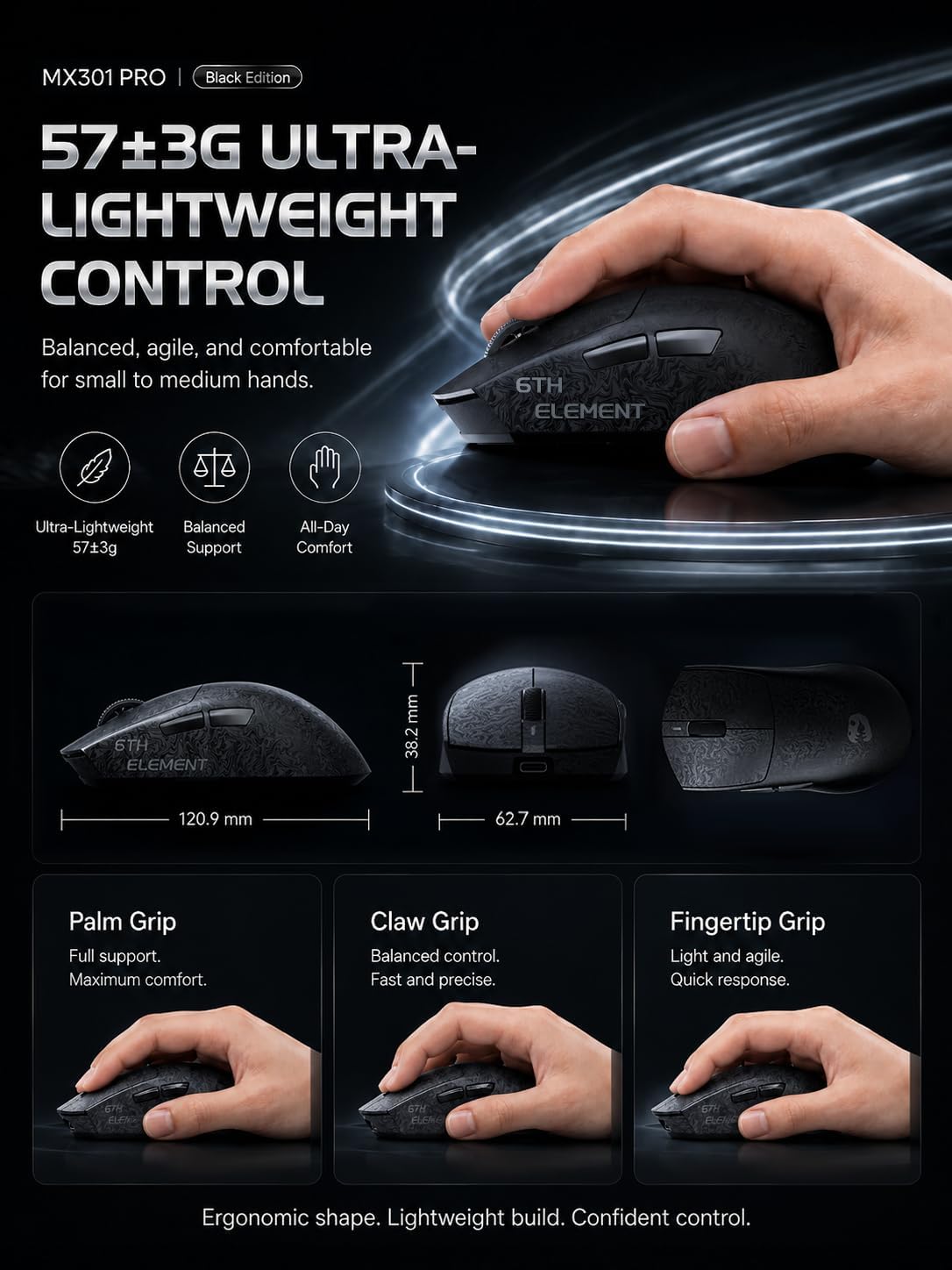 MOUSE GAMER ZORNHER X MLOONG MX301 PRO 26000 DPI INALÁMBRICO CARBONO - 3