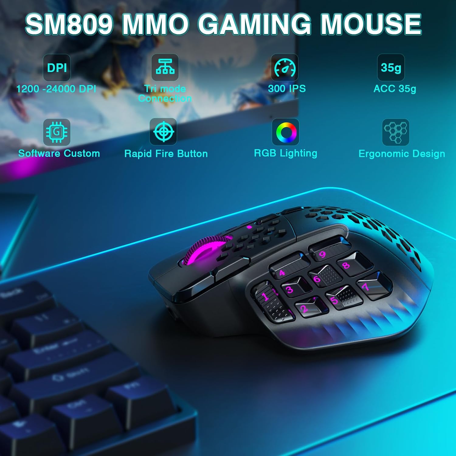 MOUSE GAMER SOLAKAKA SM809 PRO 24000 DPI 16 BOTONES PROGRAMABLES NEGRO - 2