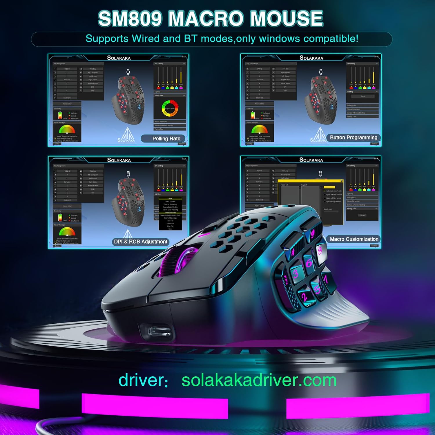 MOUSE GAMER SOLAKAKA SM809 PRO 24000 DPI 16 BOTONES PROGRAMABLES NEGRO - 4