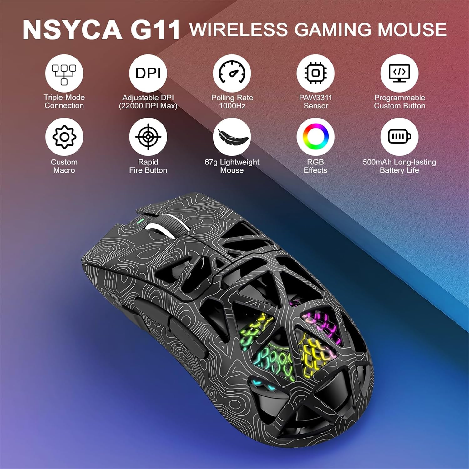 MOUSE GAMER NSYCA G11 INALÁMBRICO LIGERO 22000 DPI RGB - 2