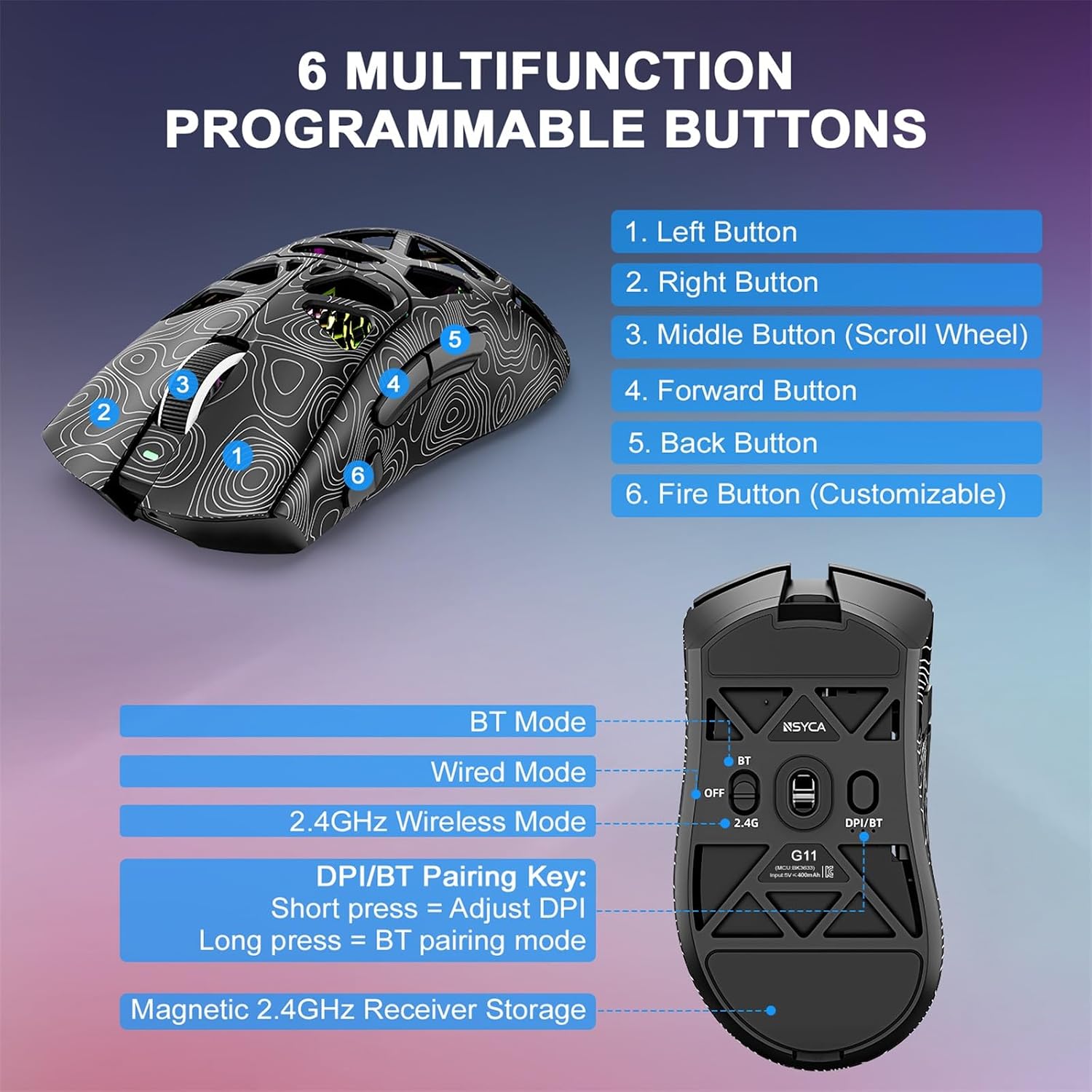 MOUSE GAMER NSYCA G11 INALÁMBRICO LIGERO 22000 DPI RGB - 5