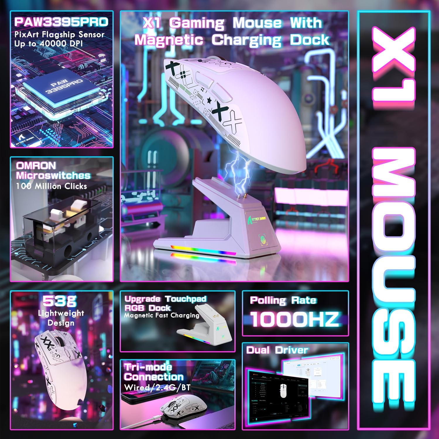 MOUSE GAMER ATTACK SHARK X1 ULTRALIGHT TRI MODE WIRELESS 40000 DPI BLANCO - 2