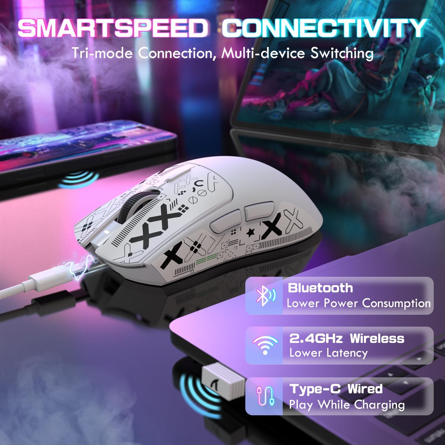 MOUSE GAMER ATTACK SHARK X1 ULTRALIGHT TRI MODE WIRELESS 40000 DPI BLANCO - 5