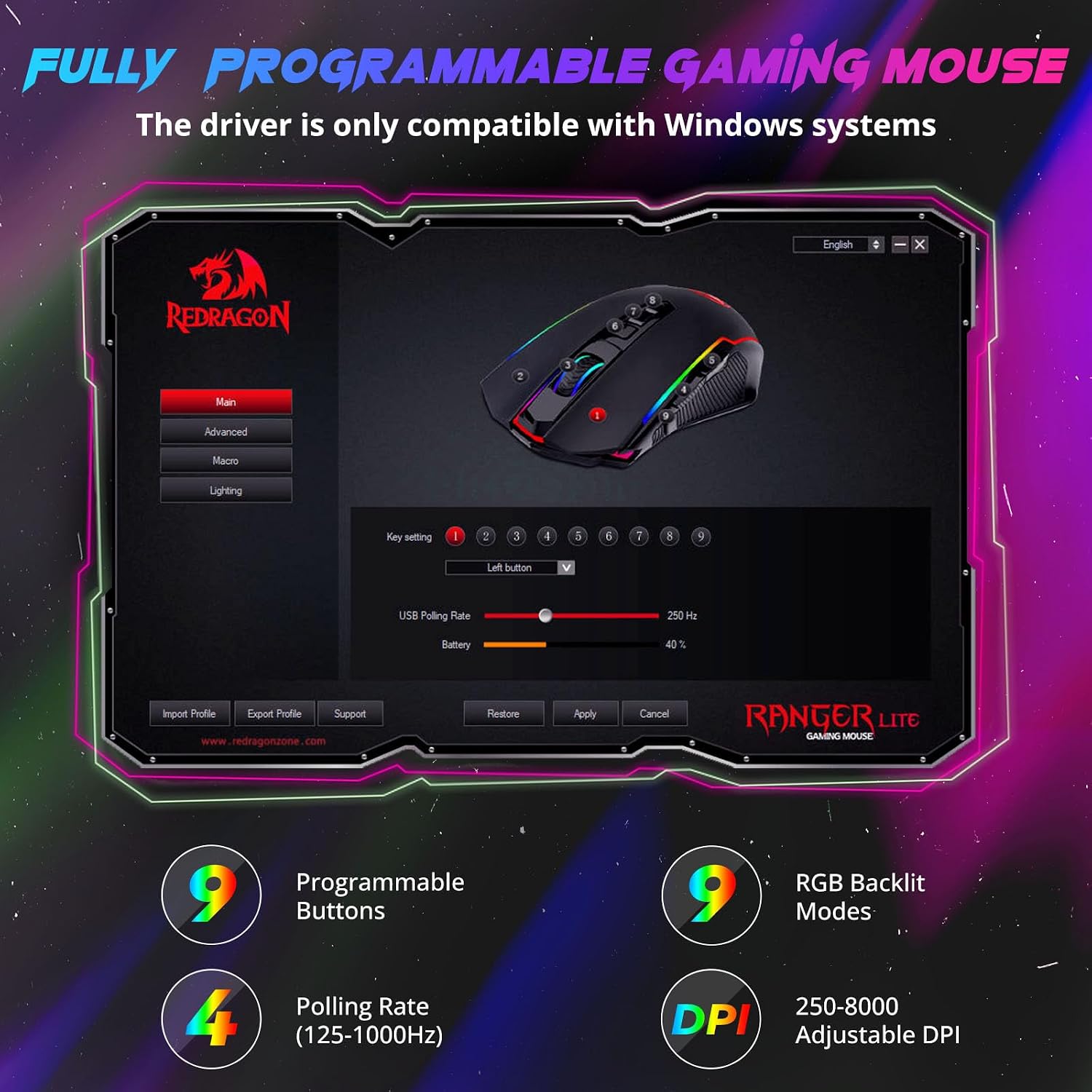 MOUSE GAMER REDRAGON M910-KS INALÁMBRICO 8000 DPI NEGRO - 3