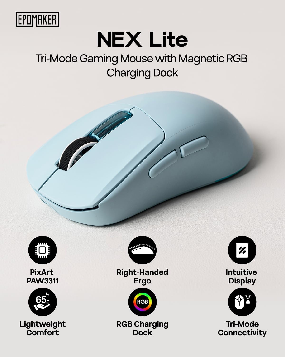 MOUSE GAMER EPOMAKER NEX LITE INALÁMBRICO CON PANTALLAS Y BASE DE CARGA RGB - 2