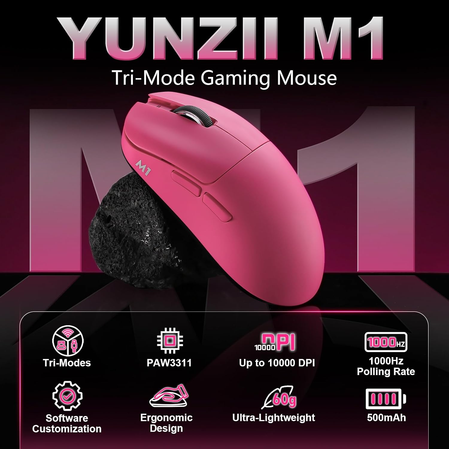 MOUSE GAMER YUNZII M1 PAW3311 WIRELESS ROSA - 2