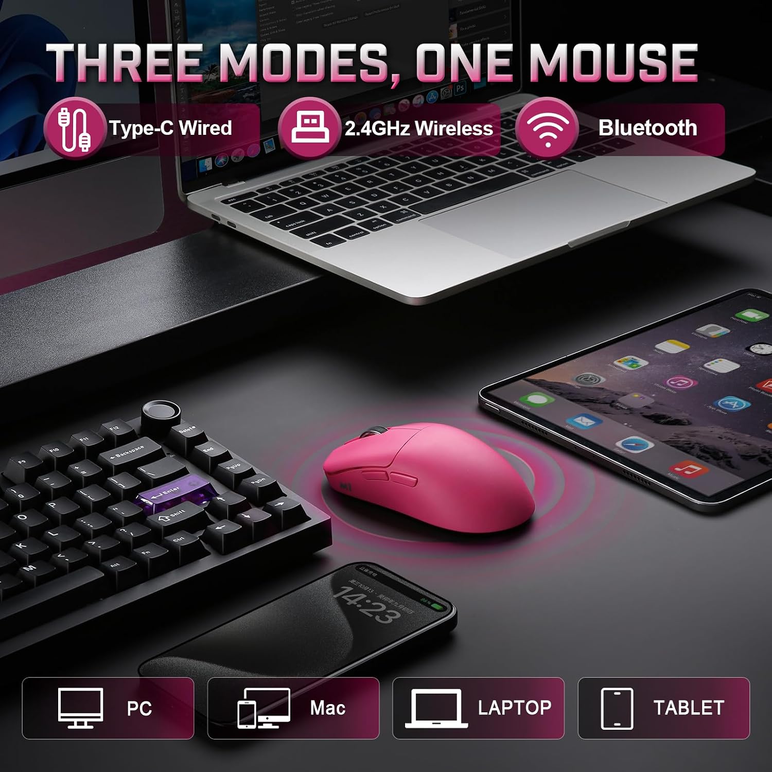 MOUSE GAMER YUNZII M1 PAW3311 WIRELESS ROSA - 3