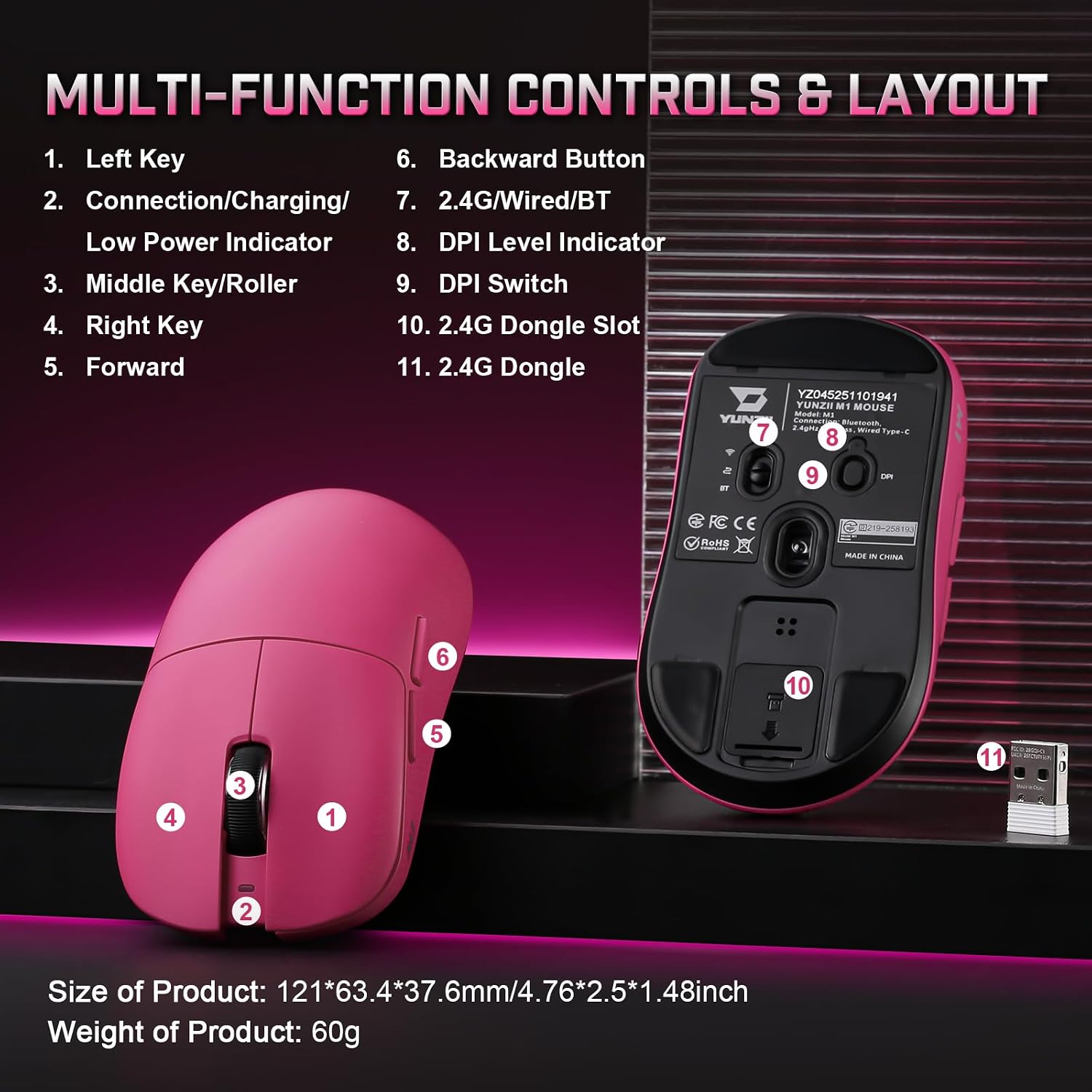 MOUSE GAMER YUNZII M1 PAW3311 WIRELESS ROSA - 5