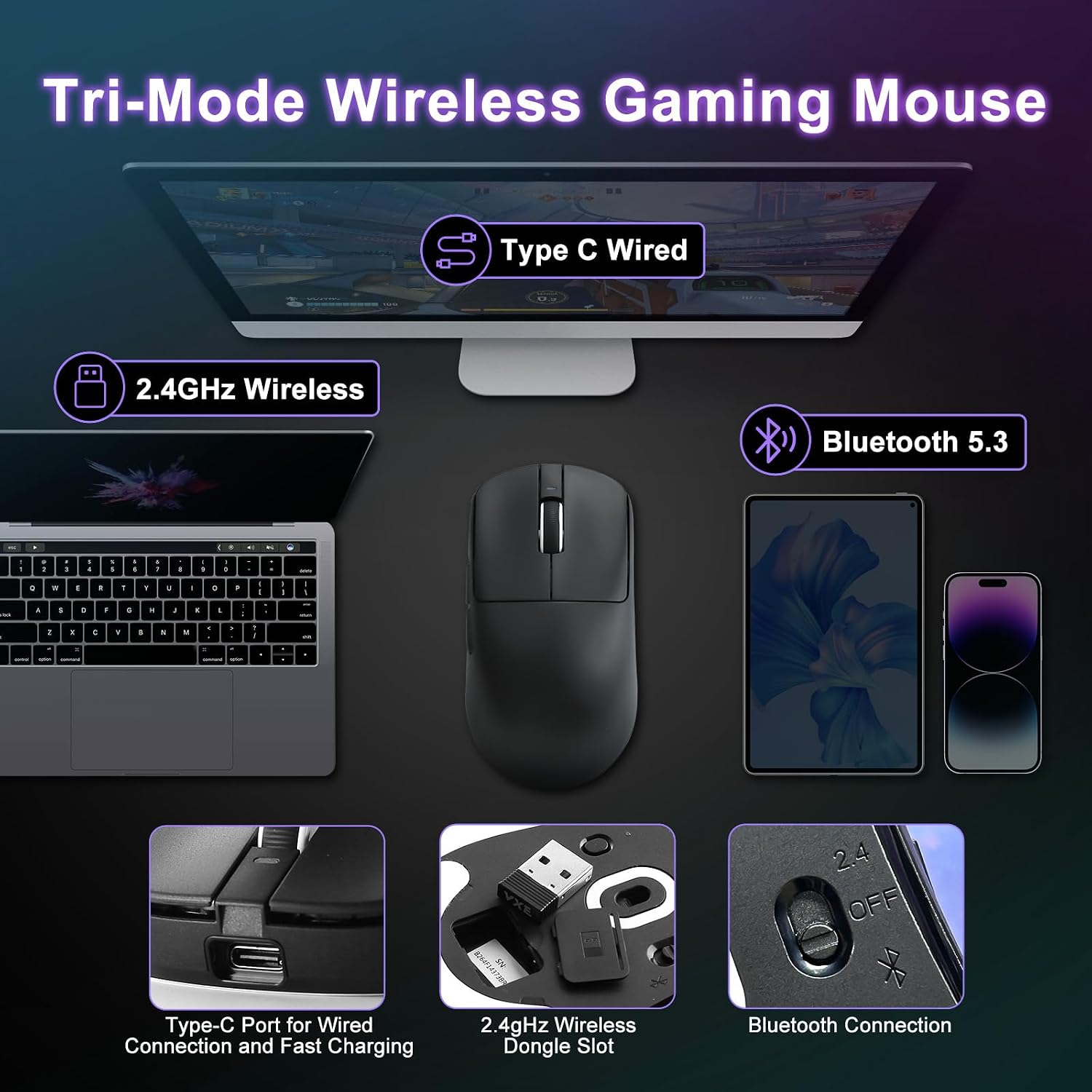 MOUSE GAMER MIKIBY ATK R1 SE+ WIRELESS 18000 DPI TRI-MODE NEGRO - 4