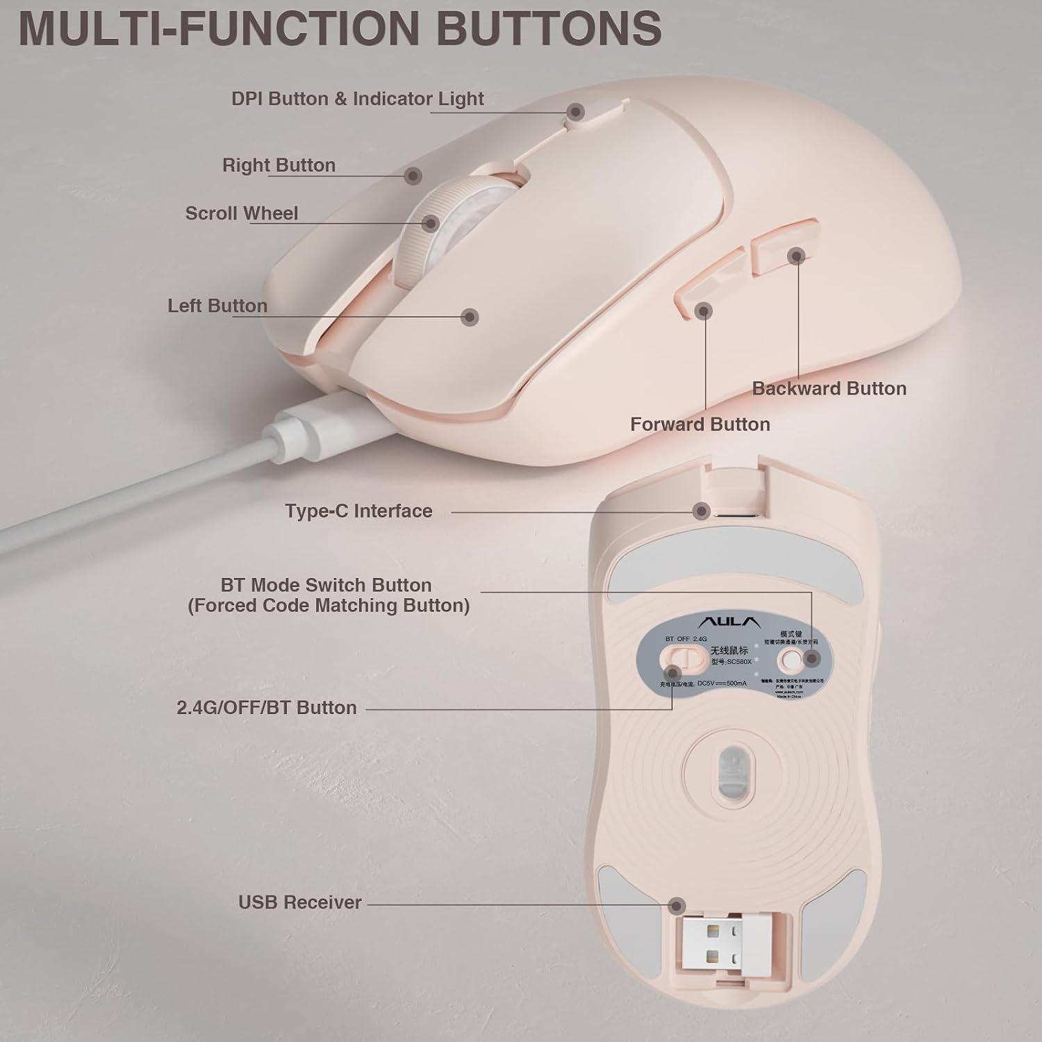 MOUSE GAMER AULA SC580X INALÁMBRICO TRI-MODE 12000 DPI - 5