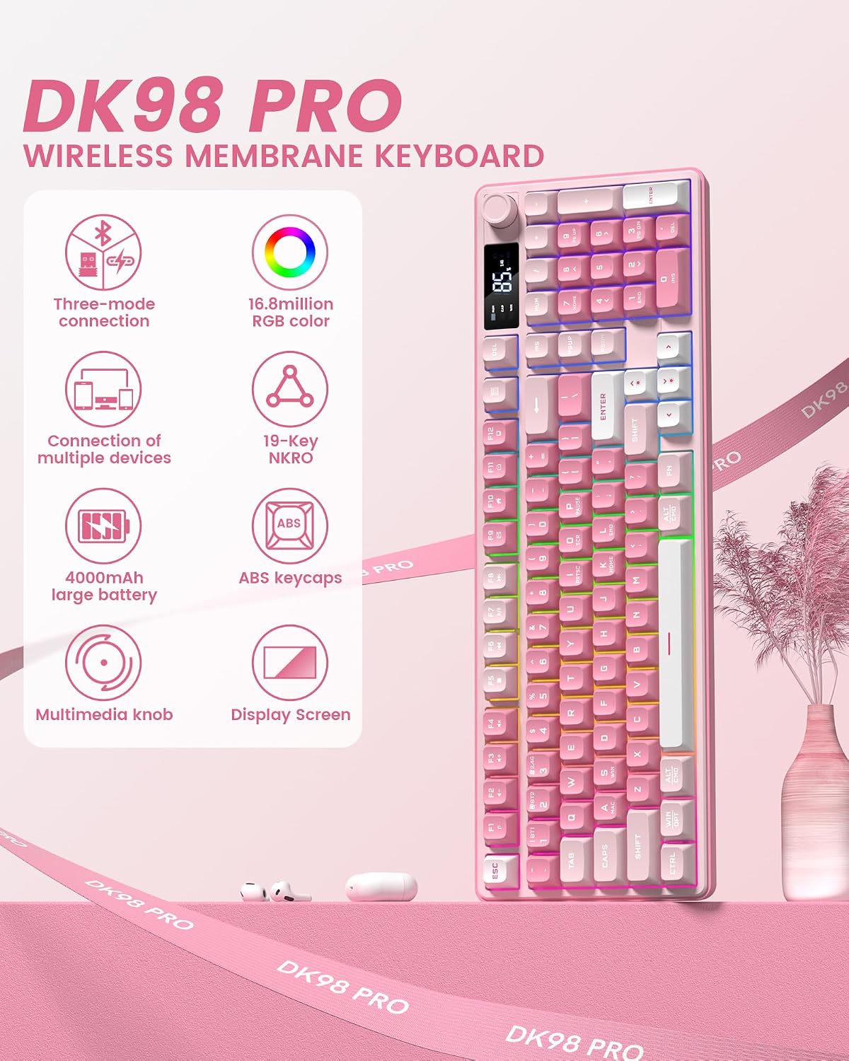 TECLADO KEYMATIC GAMING DK98PRO INALÁMBRICO ROSA CON RETROILUMINACIÓN RGB Y TECLADO NUMÉRICO - 2