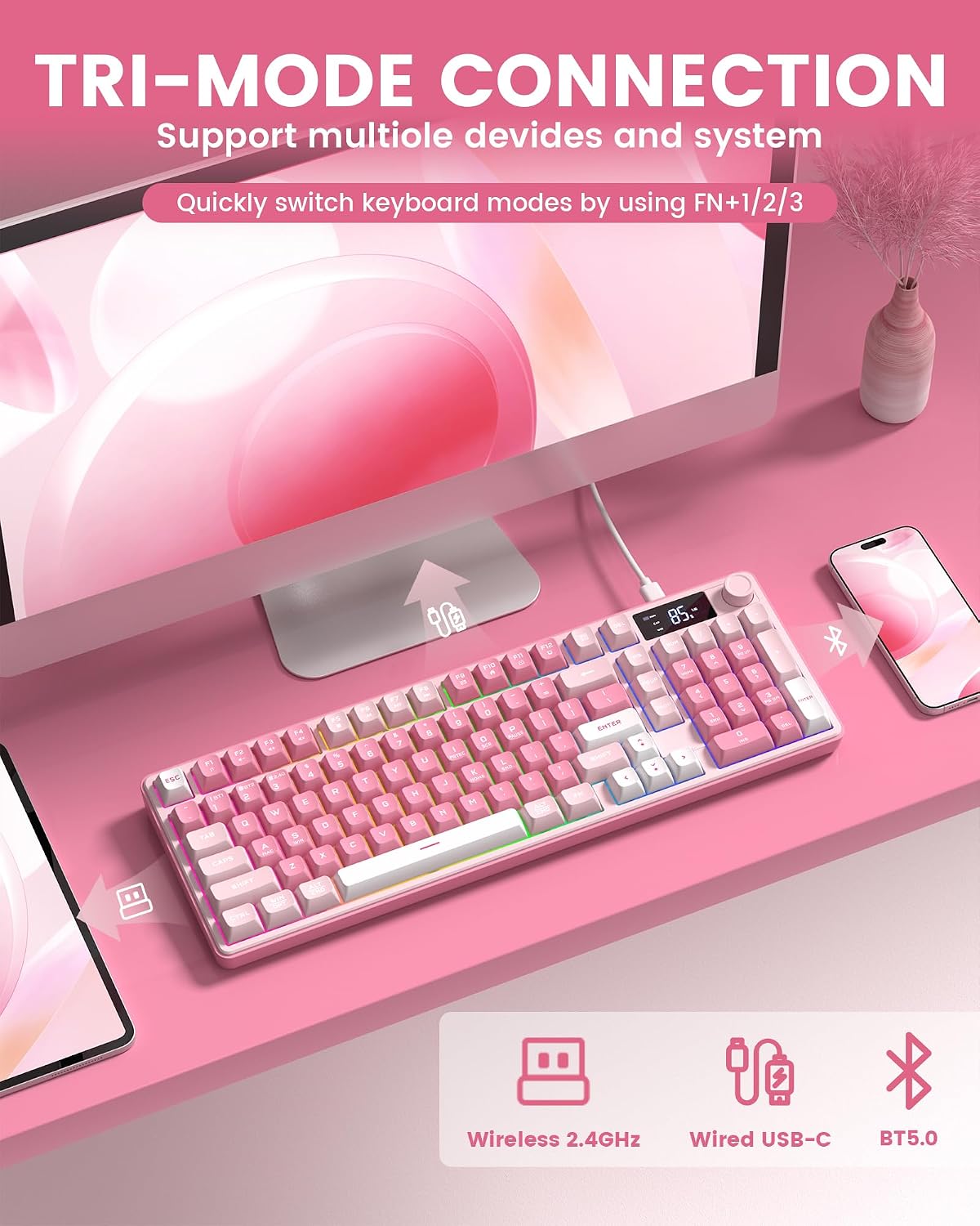TECLADO KEYMATIC GAMING DK98PRO INALÁMBRICO ROSA CON RETROILUMINACIÓN RGB Y TECLADO NUMÉRICO - 3