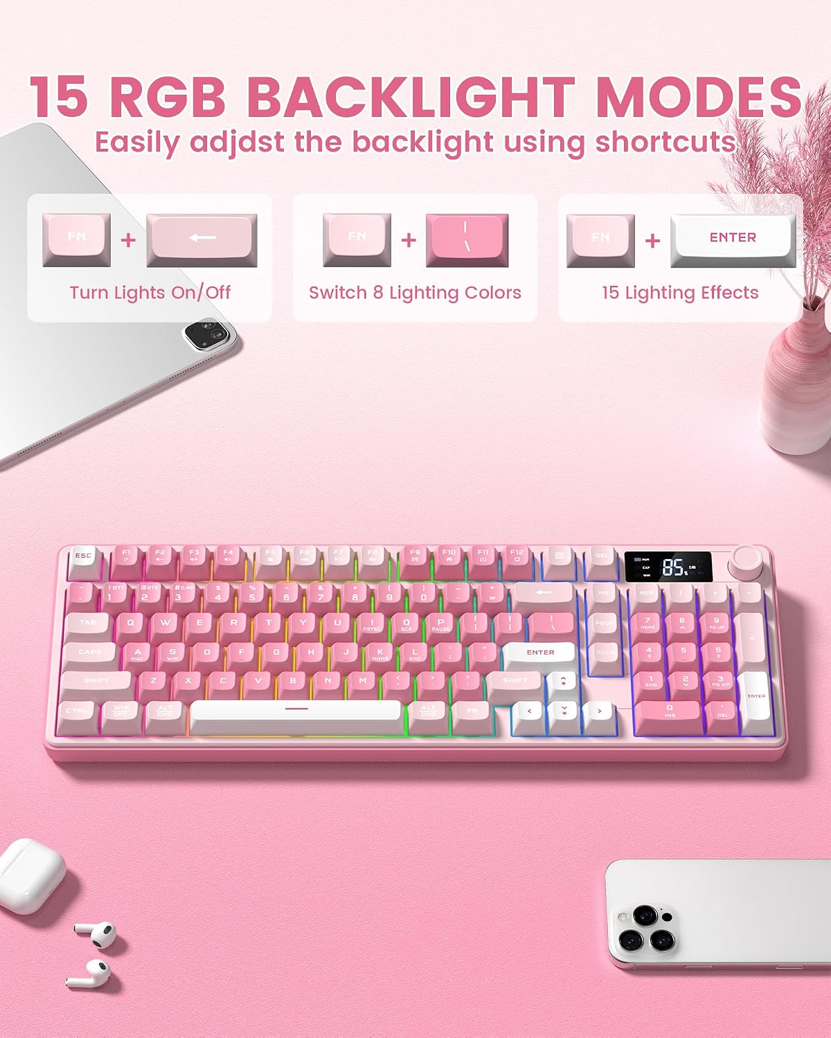 TECLADO KEYMATIC GAMING DK98PRO INALÁMBRICO ROSA CON RETROILUMINACIÓN RGB Y TECLADO NUMÉRICO - 4