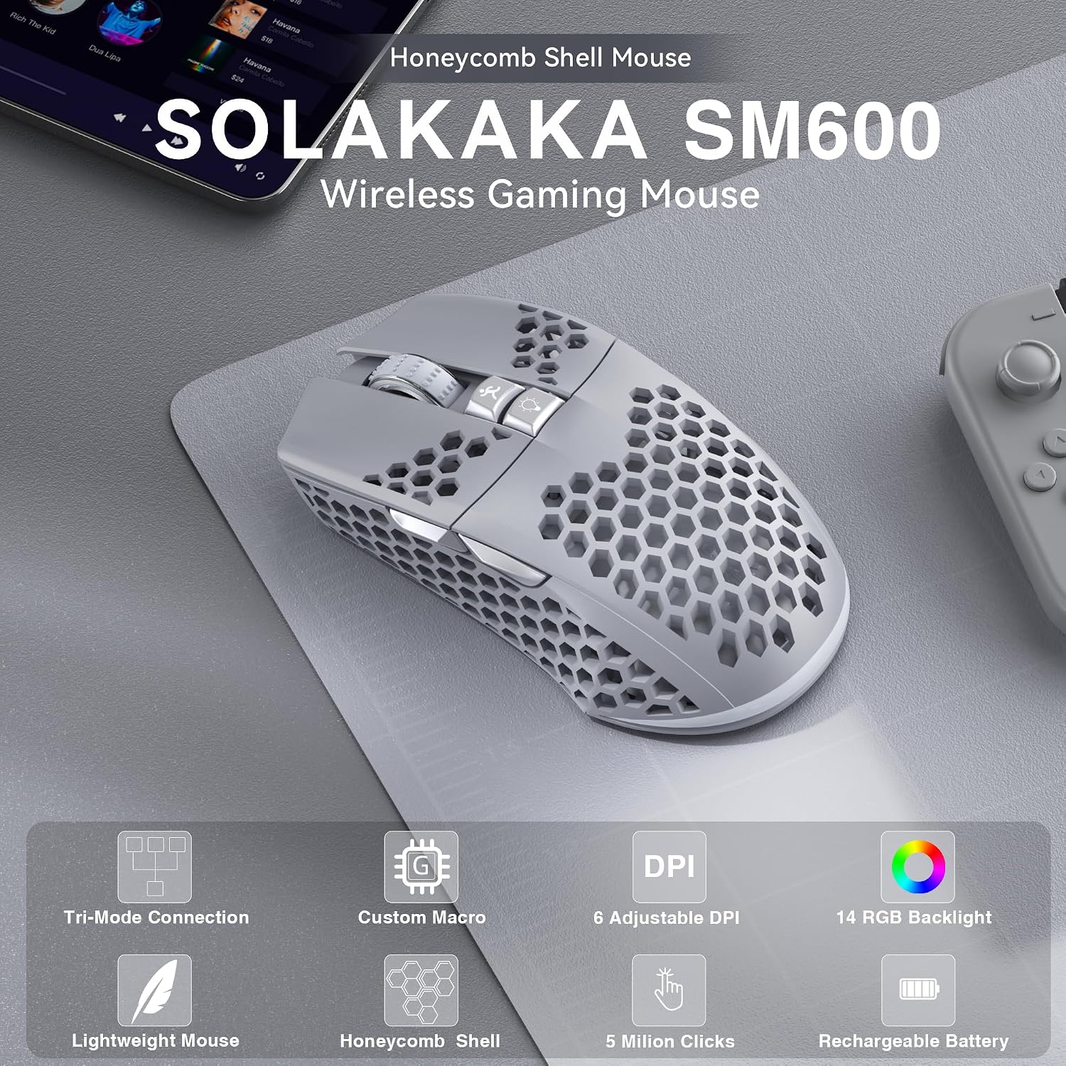MOUSE GAMER SOLAKAKA SM600 INALÁMBRICO CON CARCASA HONEYCOMB GRIS - 2