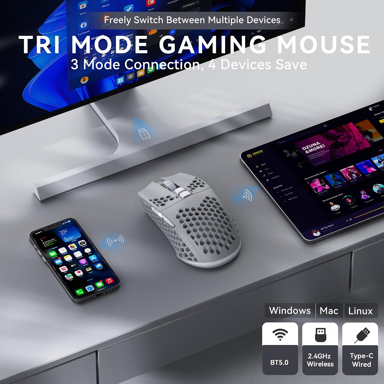 MOUSE GAMER SOLAKAKA SM600 INALÁMBRICO CON CARCASA HONEYCOMB GRIS - 3