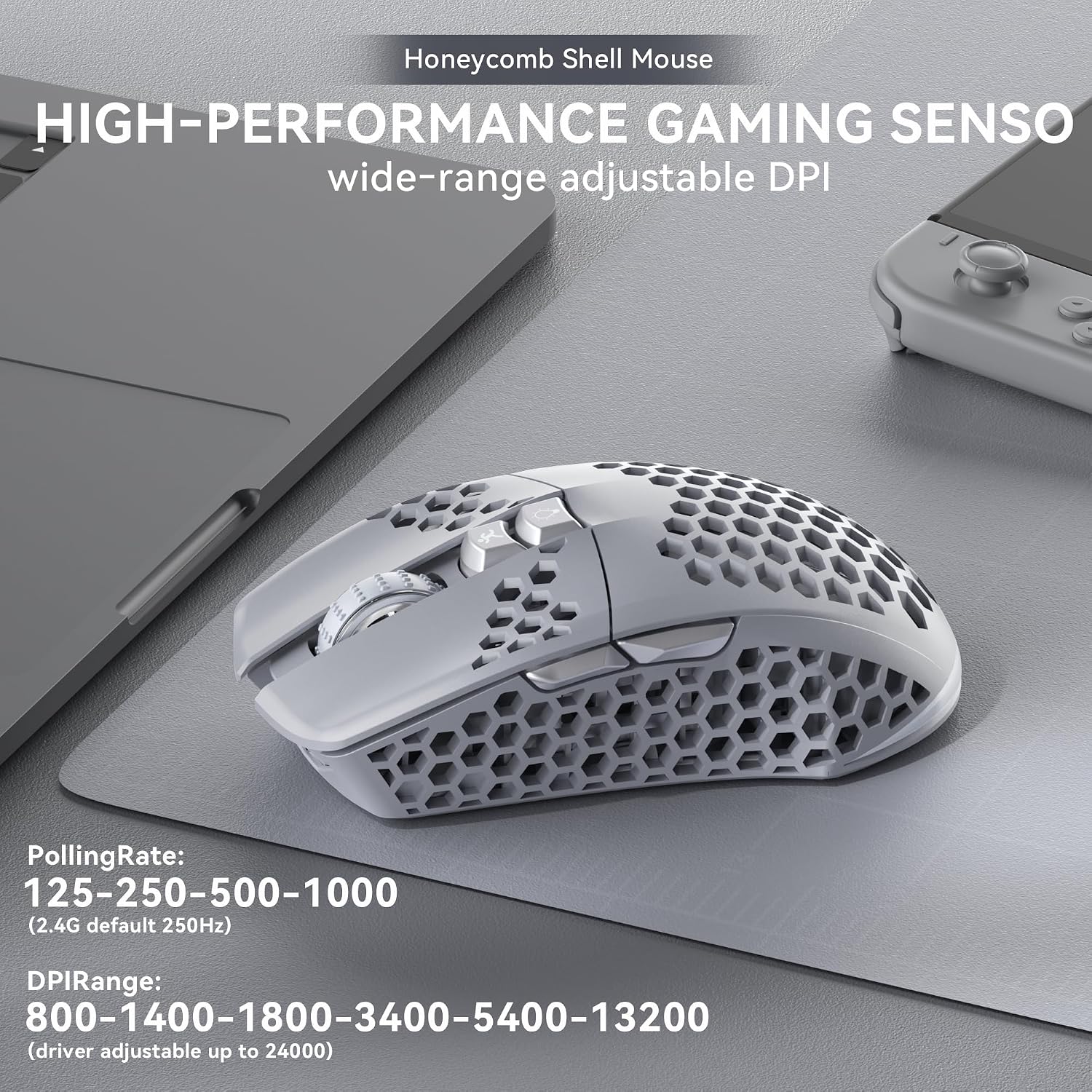 MOUSE GAMER SOLAKAKA SM600 INALÁMBRICO CON CARCASA HONEYCOMB GRIS - 4