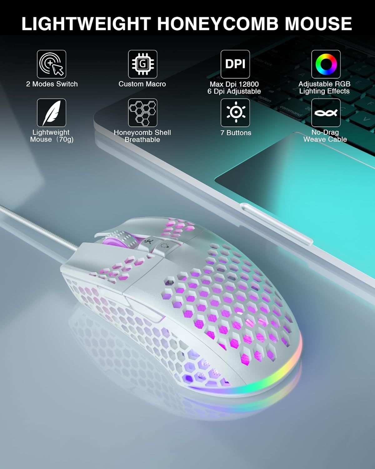 MOUSE GAMER SOLAKAKA SM900 CON CABLE RGB 12800 DPI BLANCO - 2