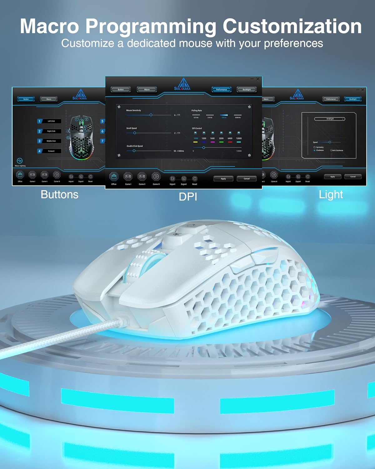 MOUSE GAMER SOLAKAKA SM900 CON CABLE RGB 12800 DPI BLANCO - 5