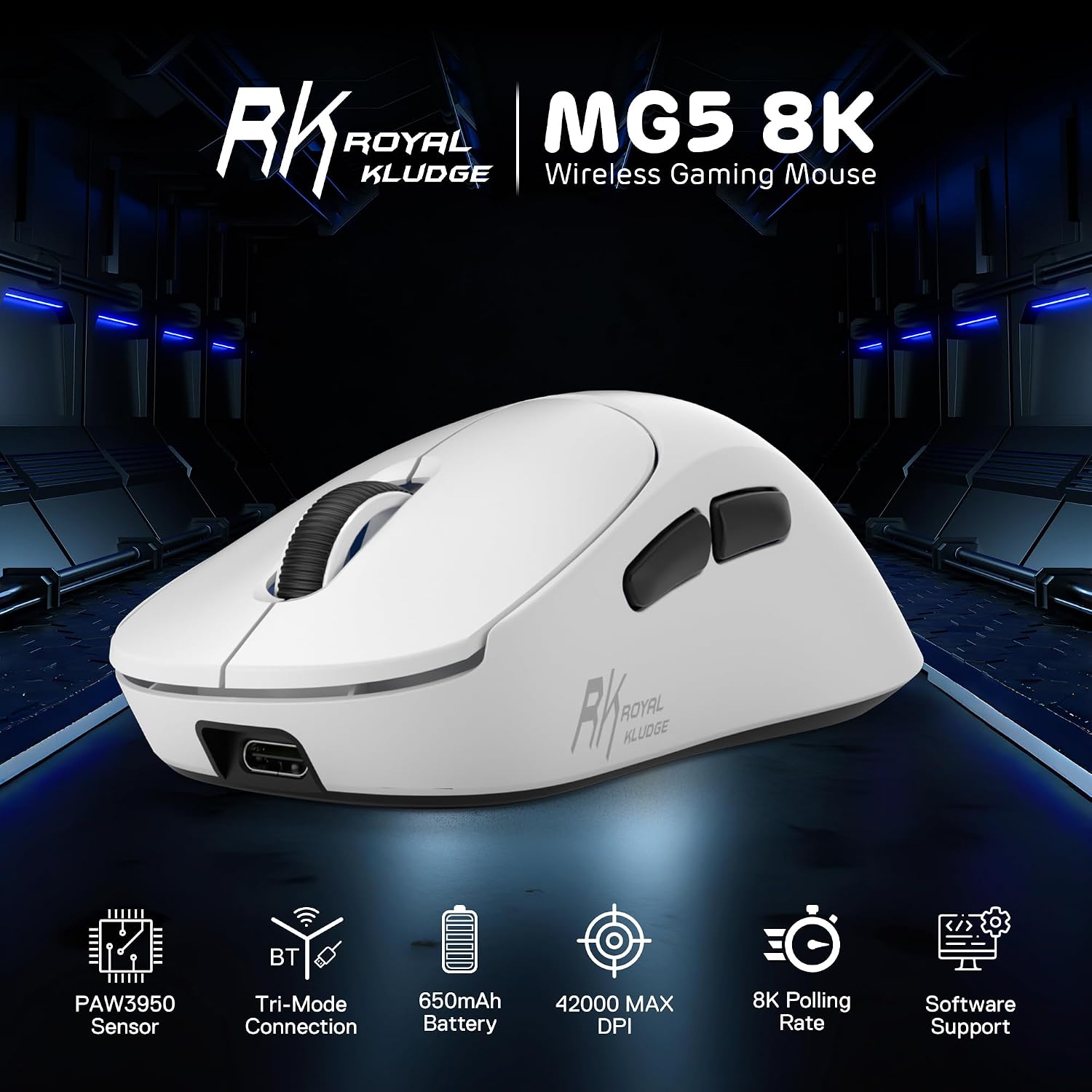 MOUSE GAMER RK ROYAL KLUDGE MG5 WIRELESS 42000 DPI PAW3950 - 3