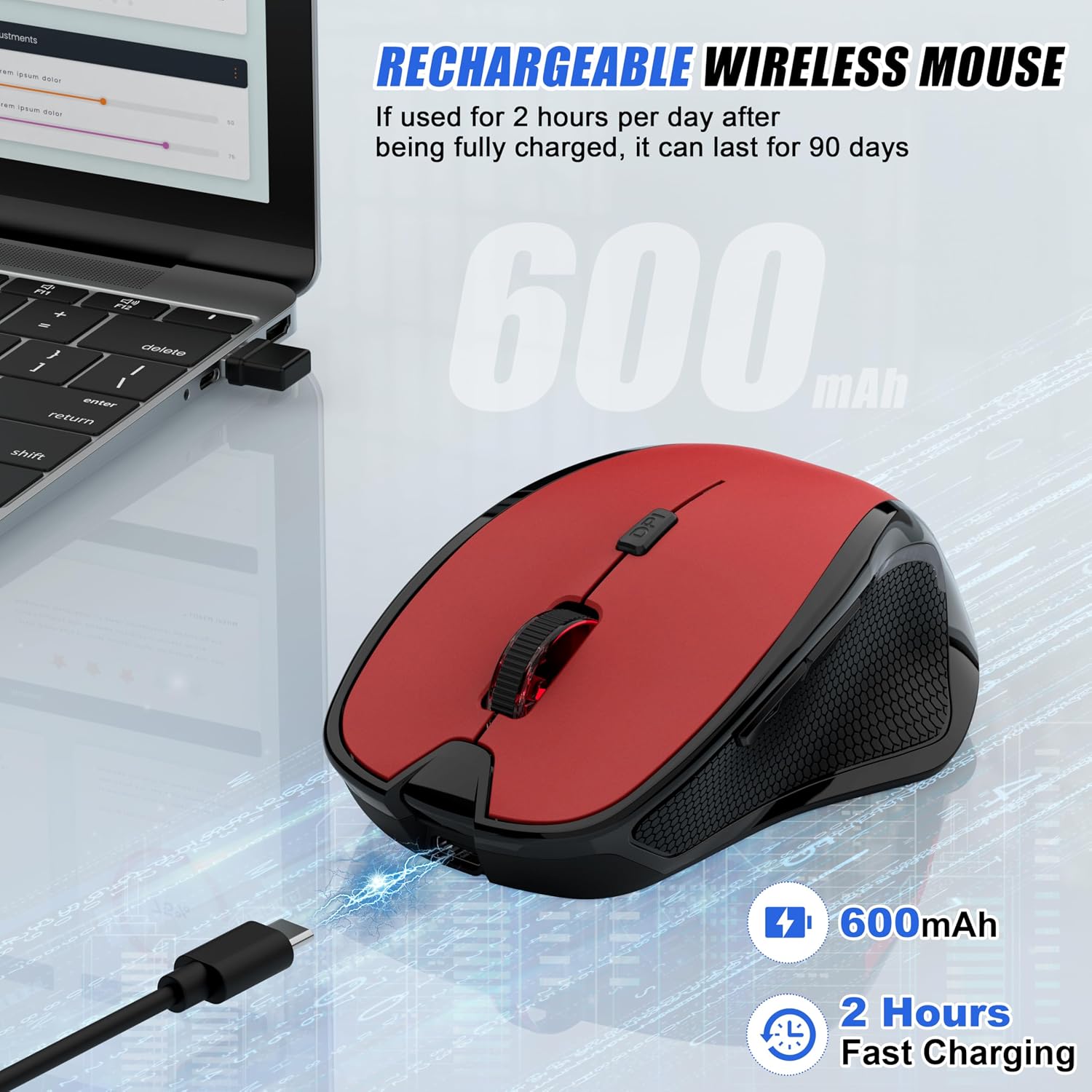 MOUSE INALÁMBRICO BLUETOOTH FYBC RECARGABLE ERGONÓMICO ROJO - 2
