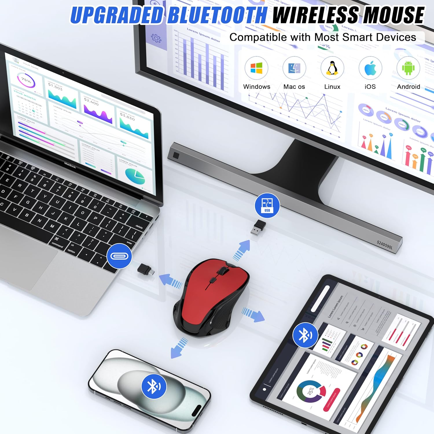 MOUSE INALÁMBRICO BLUETOOTH FYBC RECARGABLE ERGONÓMICO ROJO - 3