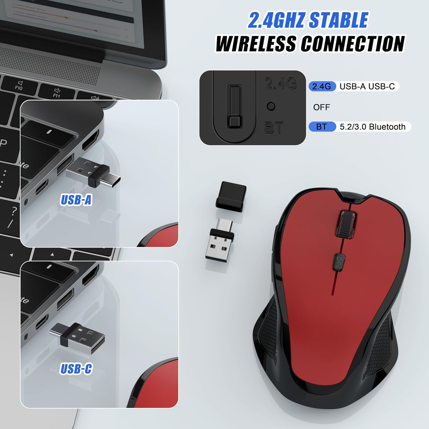 MOUSE INALÁMBRICO BLUETOOTH FYBC RECARGABLE ERGONÓMICO ROJO - 4