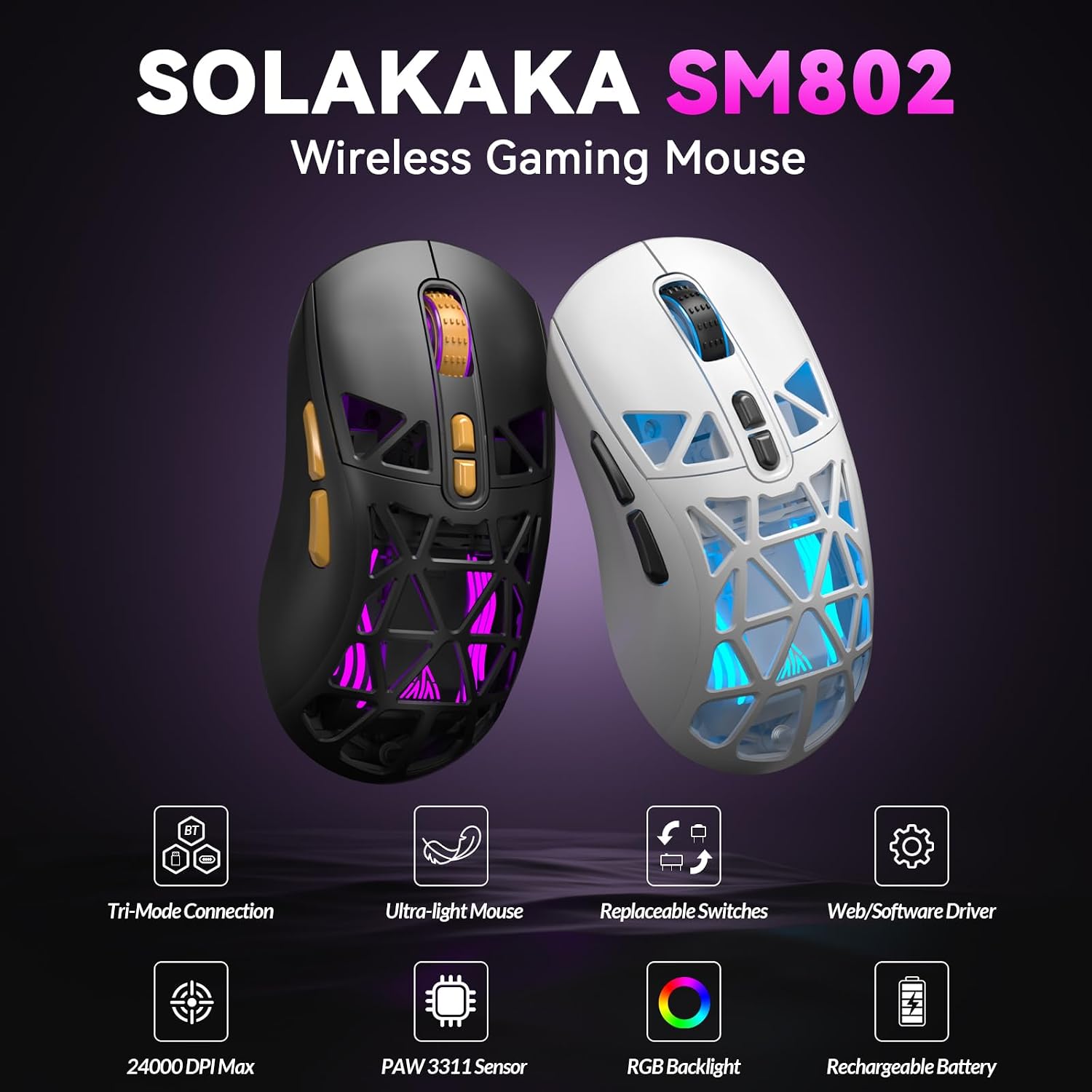 MOUSE GAMER CORBOBO SOLAKAKA SM802 INALÁMBRICO 24000 DPI TRI-MODO RGB - 2