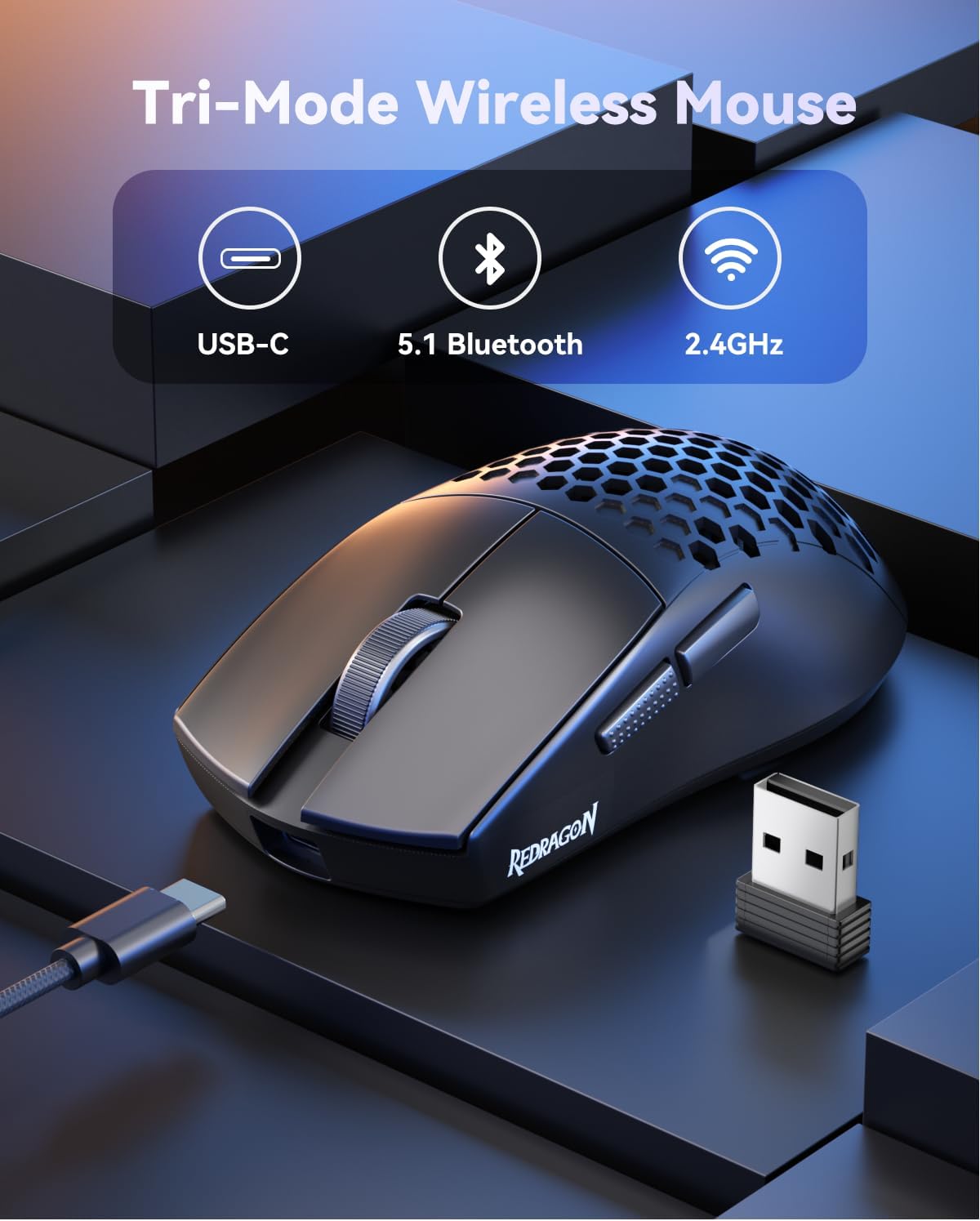 MOUSE GAMER REDRAGON M725 HONEYCOMB SHELL INALÁMBRICO Y CABLE TYPE-C 8000 DPI NEGRO - 2