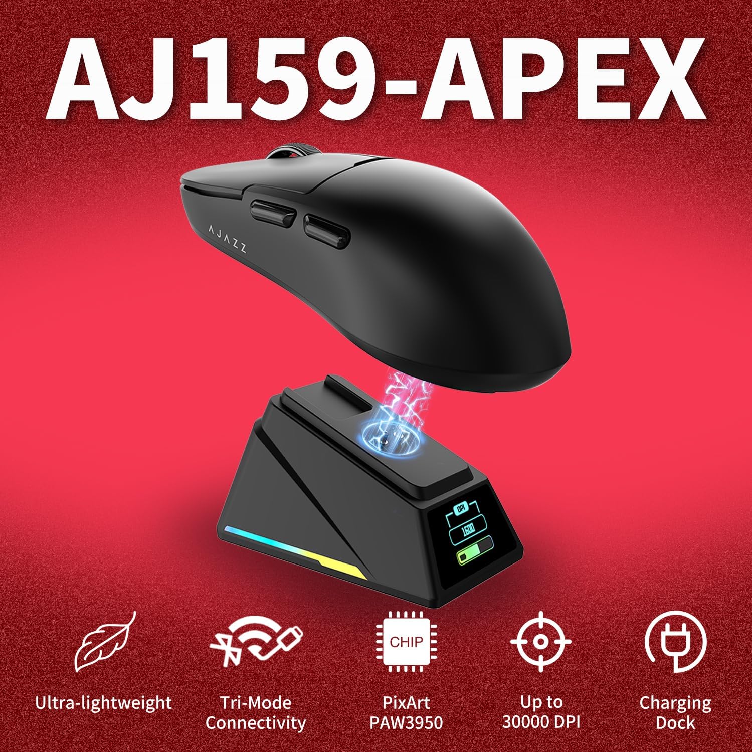 MOUSE GAMER DAIDAI AJ159 APEX INALÁMBRICO CON PANTALLA TFT Y BASE DE CARGA, 56G ULTRALIGERO, SENSOR PAW3950, TRI-MODO, NEGRO - 2