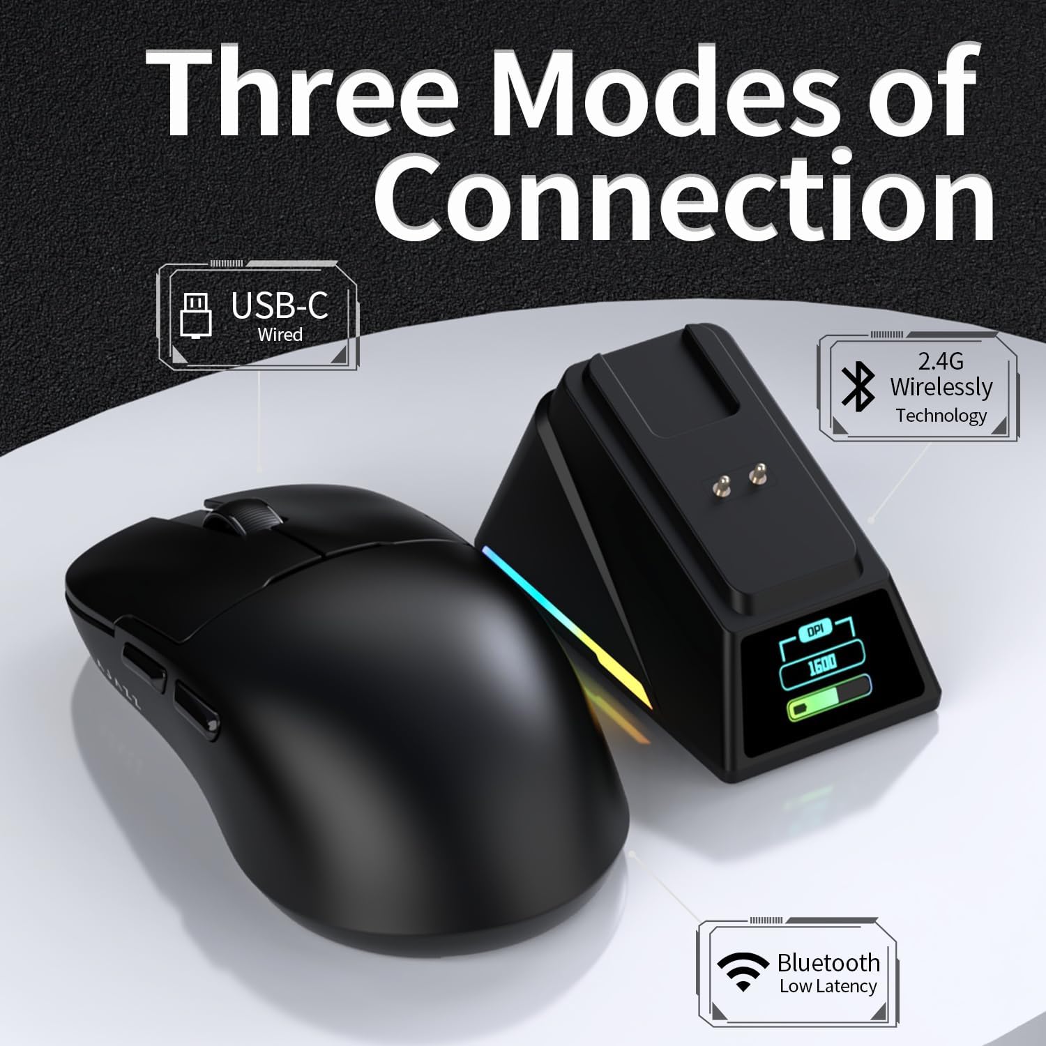 MOUSE GAMER DAIDAI AJ159 APEX INALÁMBRICO CON PANTALLA TFT Y BASE DE CARGA, 56G ULTRALIGERO, SENSOR PAW3950, TRI-MODO, NEGRO - 3