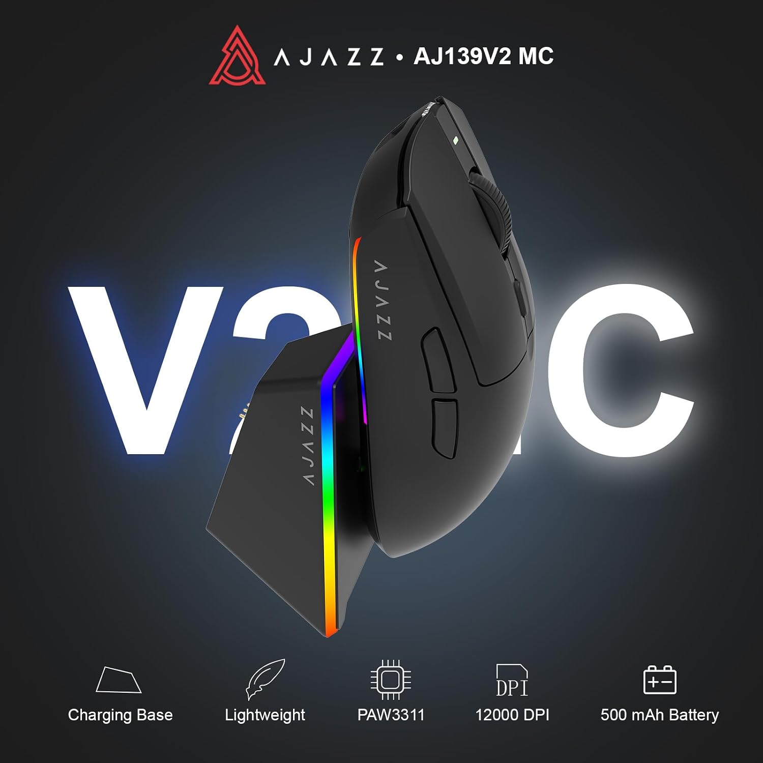 MOUSE GAMER AJAZZ AJ139 V2 MC INALÁMBRICO CON BASE DE CARGA RGB, SENSOR PAW3311 24000 DPI, 66G, ERGONÓMICO, NEGRO - 2