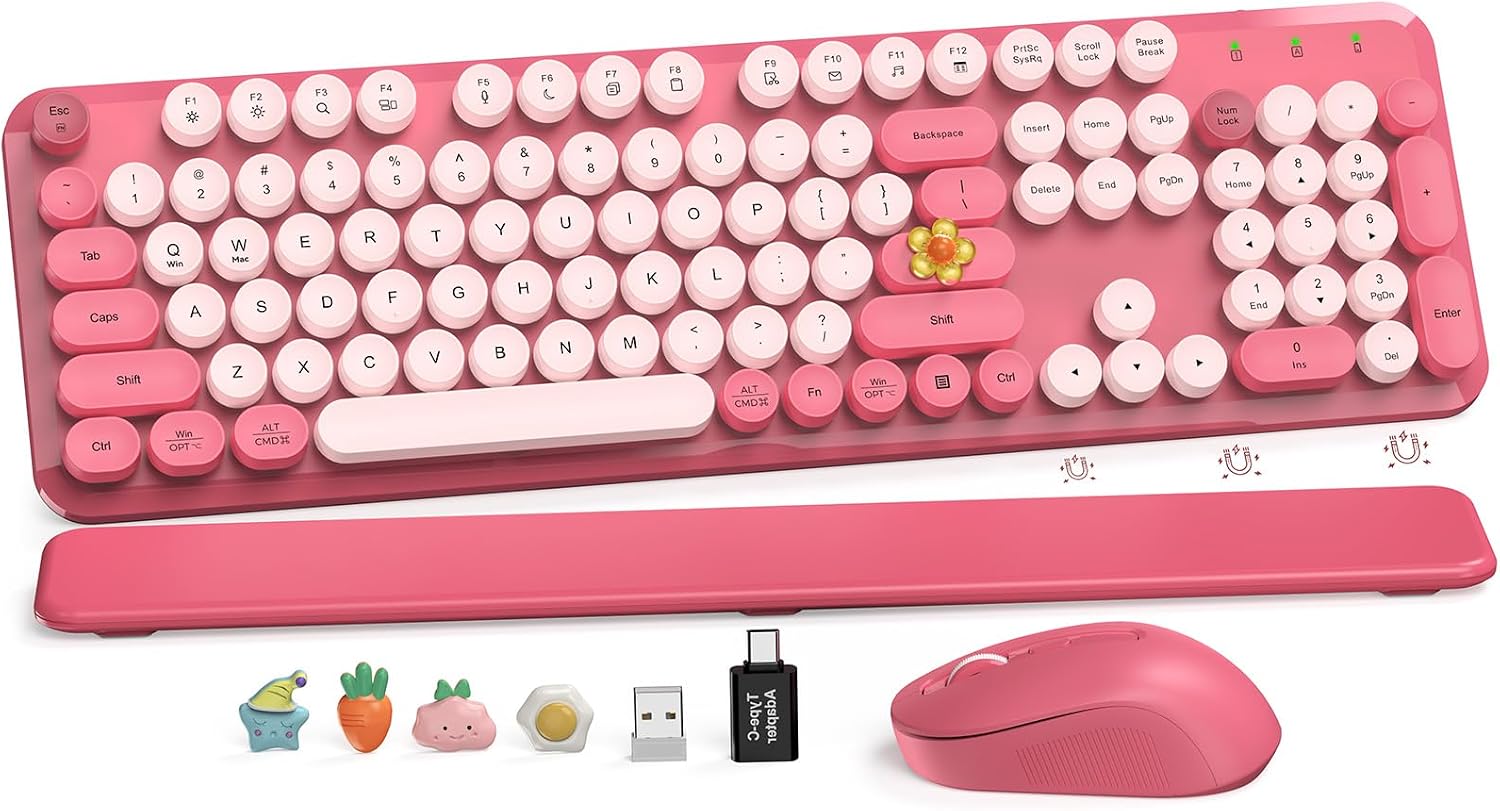 KIT INALÁMBRICO DE TECLADO Y MOUSE SABLUTE ROSA CON REPOSAMUÑECAS MAGNÉTICO - 1