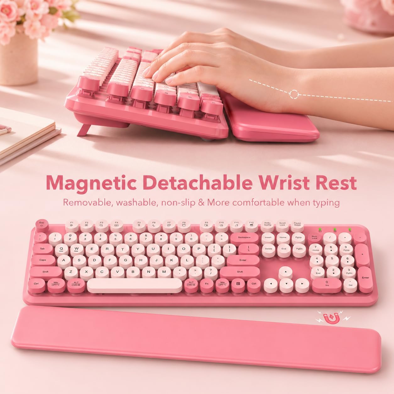 KIT INALÁMBRICO DE TECLADO Y MOUSE SABLUTE ROSA CON REPOSAMUÑECAS MAGNÉTICO - 2