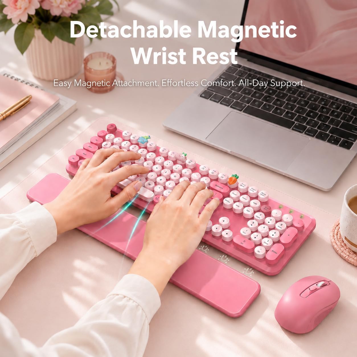 KIT INALÁMBRICO DE TECLADO Y MOUSE SABLUTE ROSA CON REPOSAMUÑECAS MAGNÉTICO - 3