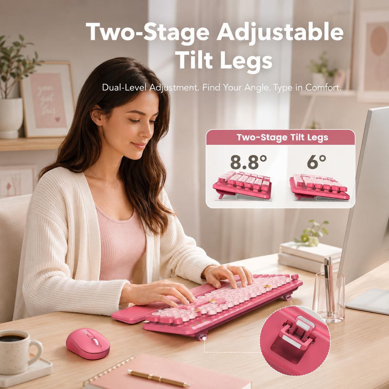 KIT INALÁMBRICO DE TECLADO Y MOUSE SABLUTE ROSA CON REPOSAMUÑECAS MAGNÉTICO - 4