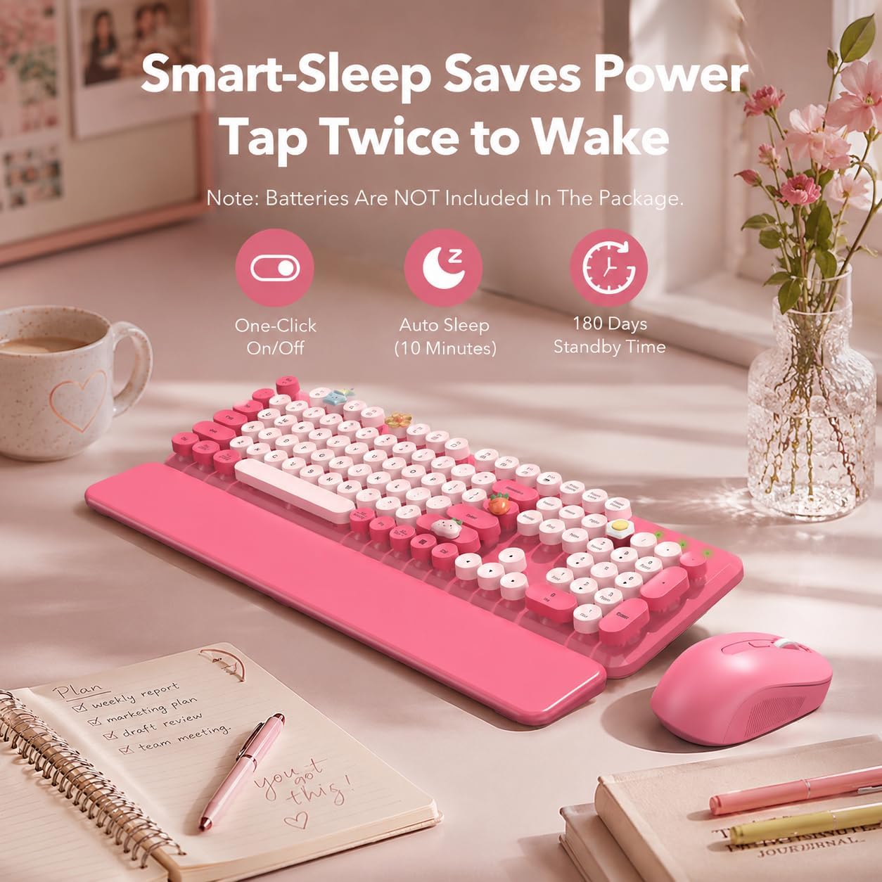 KIT INALÁMBRICO DE TECLADO Y MOUSE SABLUTE ROSA CON REPOSAMUÑECAS MAGNÉTICO - 5