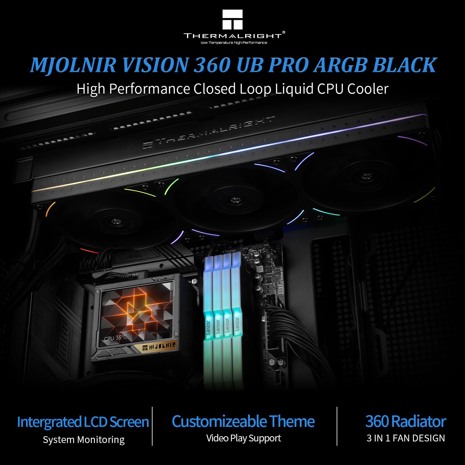 ENFRIADOR LÍQUIDO PARA CPU THERMALRIGHT MJOLNIR VISION 360 UB PRO ARGB NEGRO CON PANTALLA LCD 3.5'' - 2