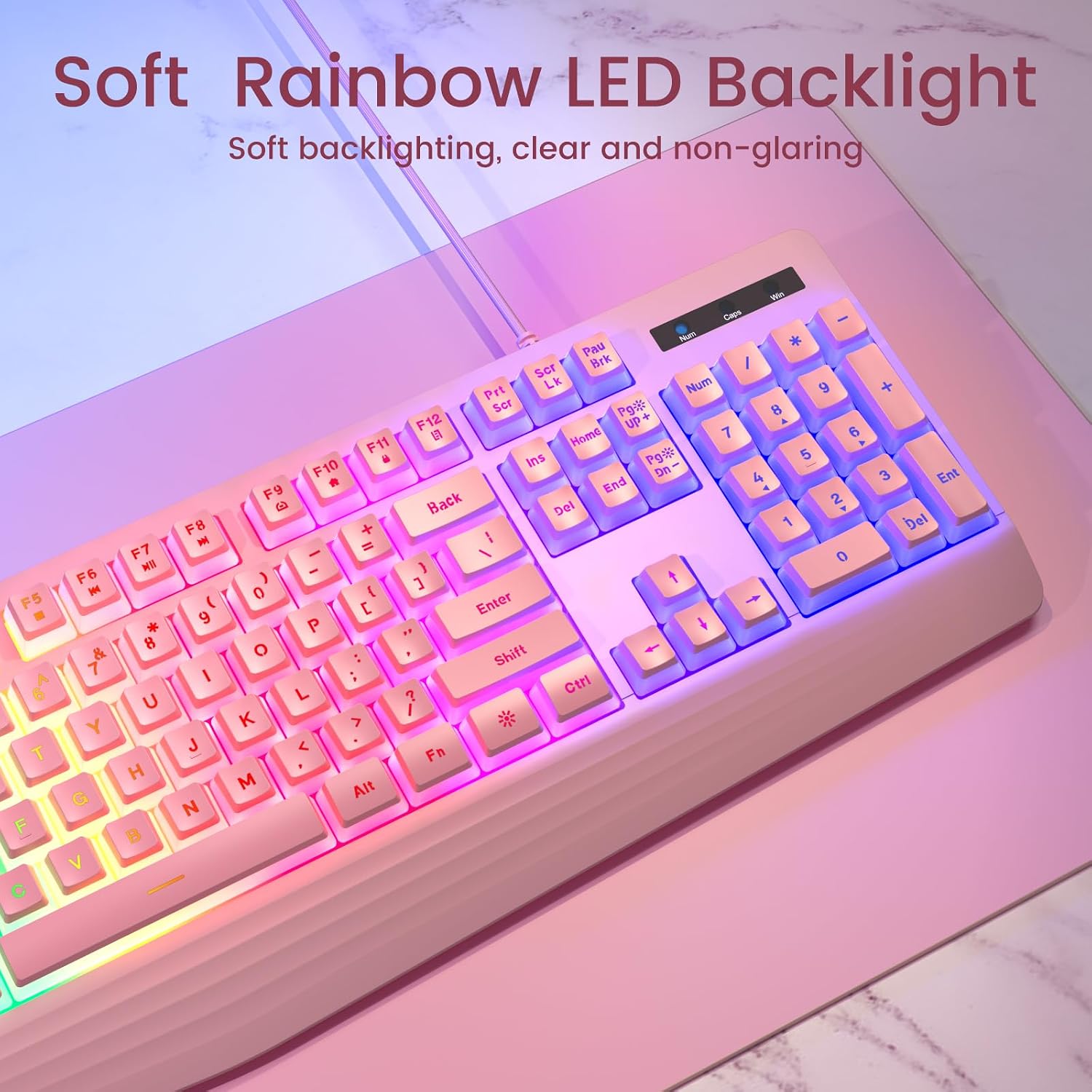 TECLADO CON CABLE YESBEAUT PINK LED RETROILUMINADO 104 TECLAS SILENCIOSO - 2