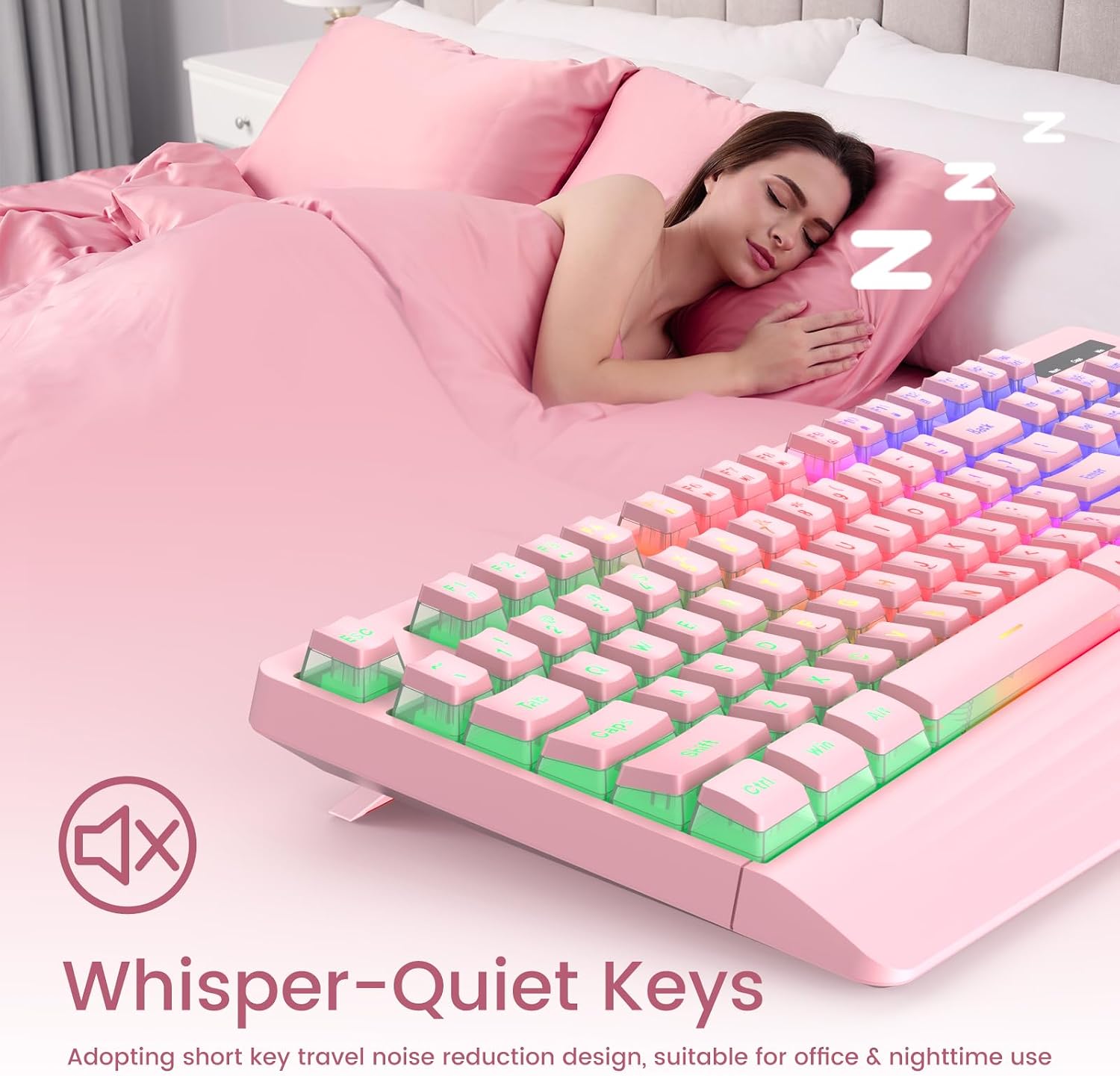 TECLADO CON CABLE YESBEAUT PINK LED RETROILUMINADO 104 TECLAS SILENCIOSO - 4