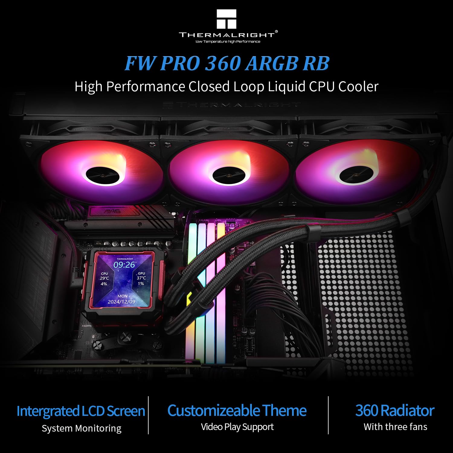 ENFRIADOR LÍQUIDO PARA CPU THERMALRIGHT FW PRO 360 ARGB RB CON PANTALLA LCD 2.73 PULGADAS - 2