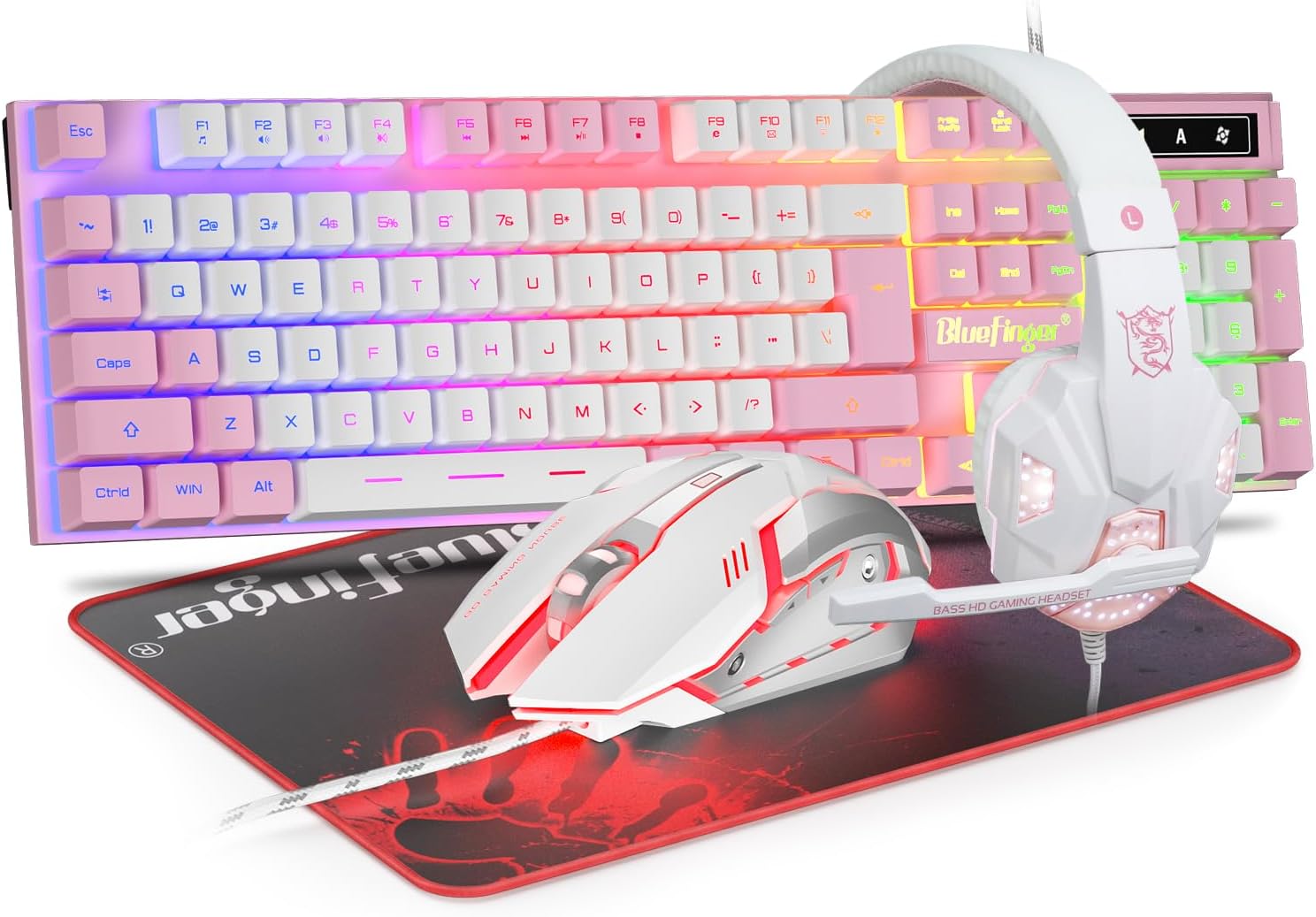 KIT DE TECLADO, MOUSE Y HEADSET GAMING BLUEFINGER RGB USB CABLEADO ROSA Y BLANCO - 1