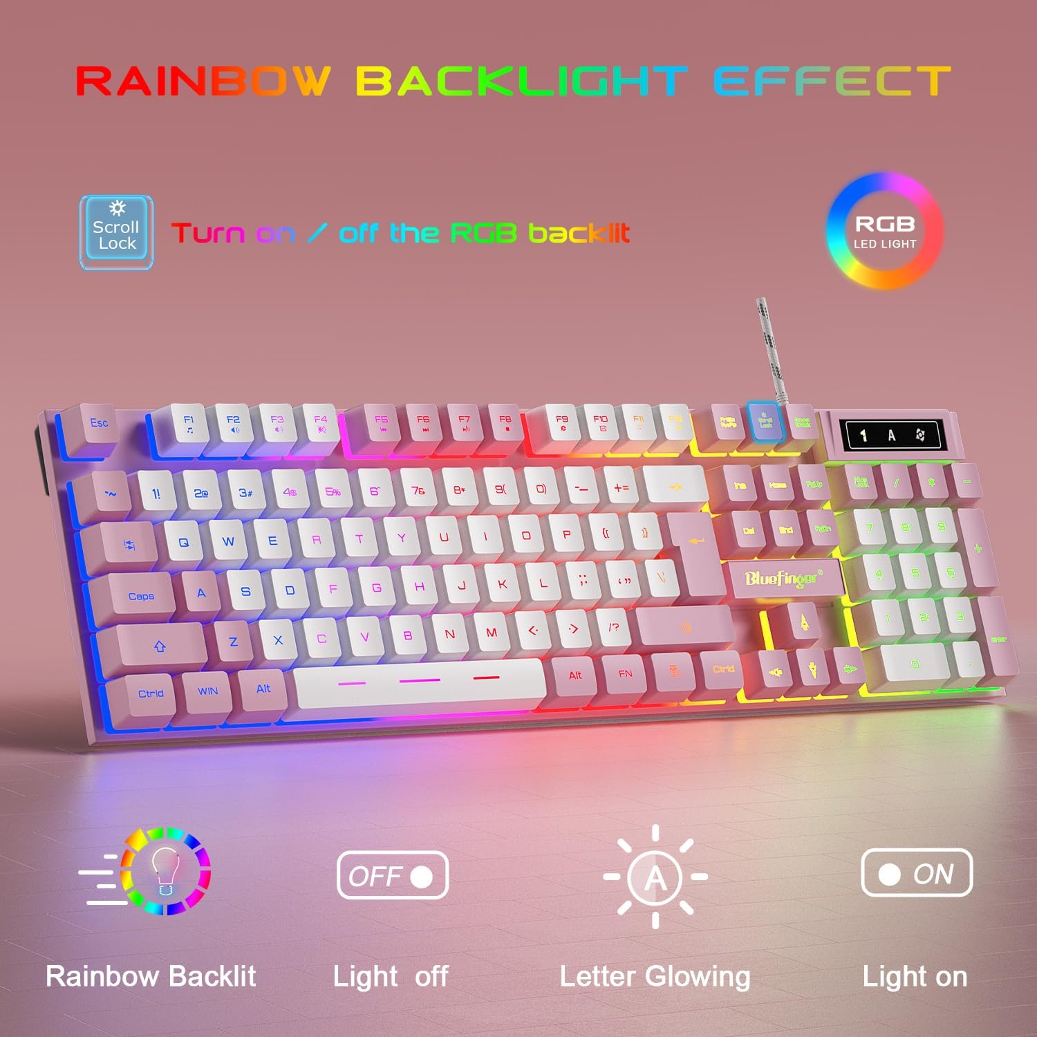 KIT DE TECLADO, MOUSE Y HEADSET GAMING BLUEFINGER RGB USB CABLEADO ROSA Y BLANCO - 2