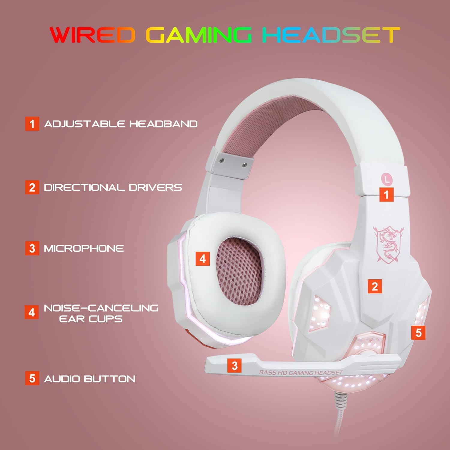 KIT DE TECLADO, MOUSE Y HEADSET GAMING BLUEFINGER RGB USB CABLEADO ROSA Y BLANCO - 5
