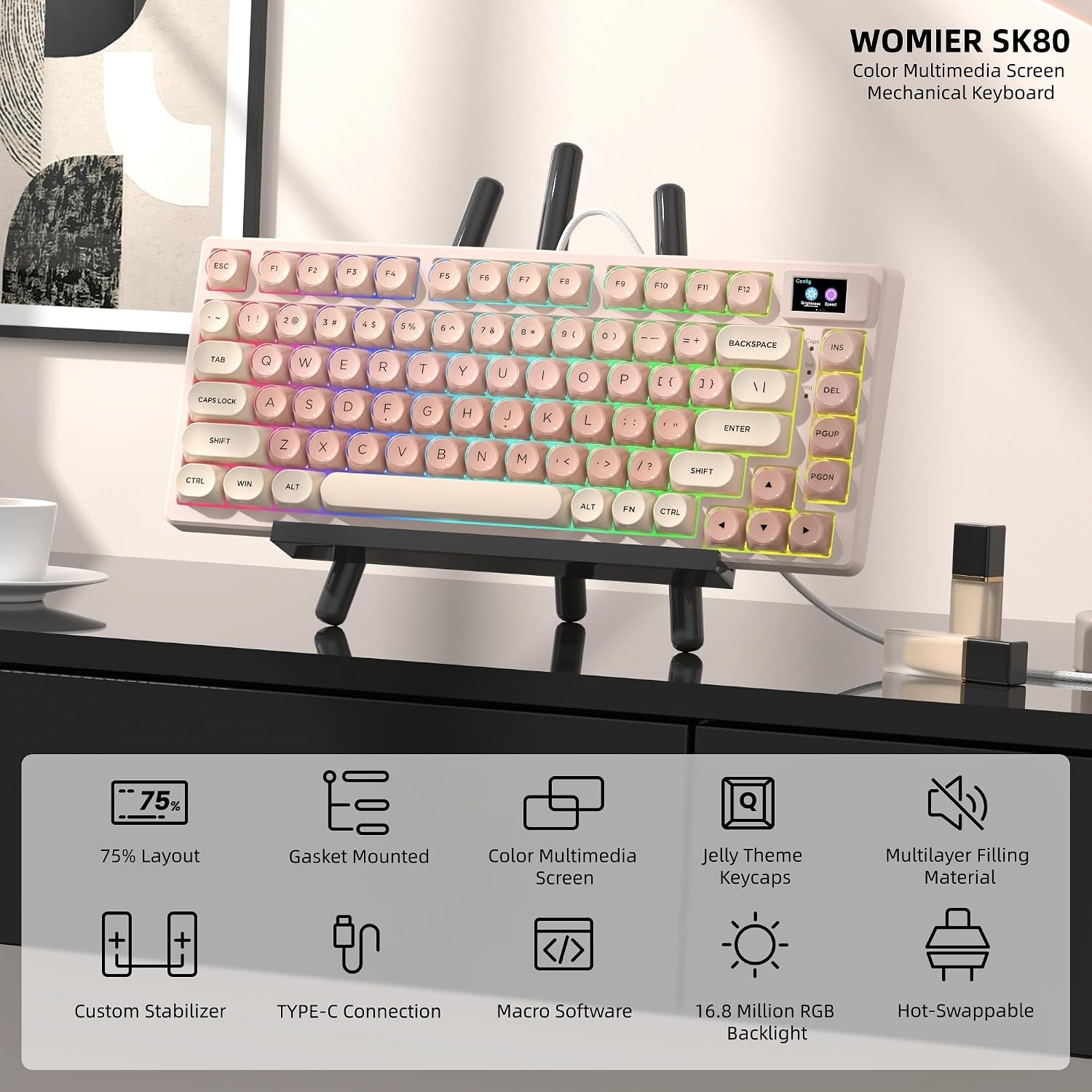 TECLADO MECÁNICO WOMIER SK80 75% JELLY PINK CON PANTALLA MULTIMEDIA - 4