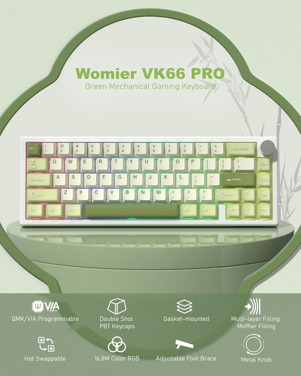 TECLADO MECÁNICO GAMING WOMIER VK66 PRO 60% VERDE MATCHA QMK/VIA - 2