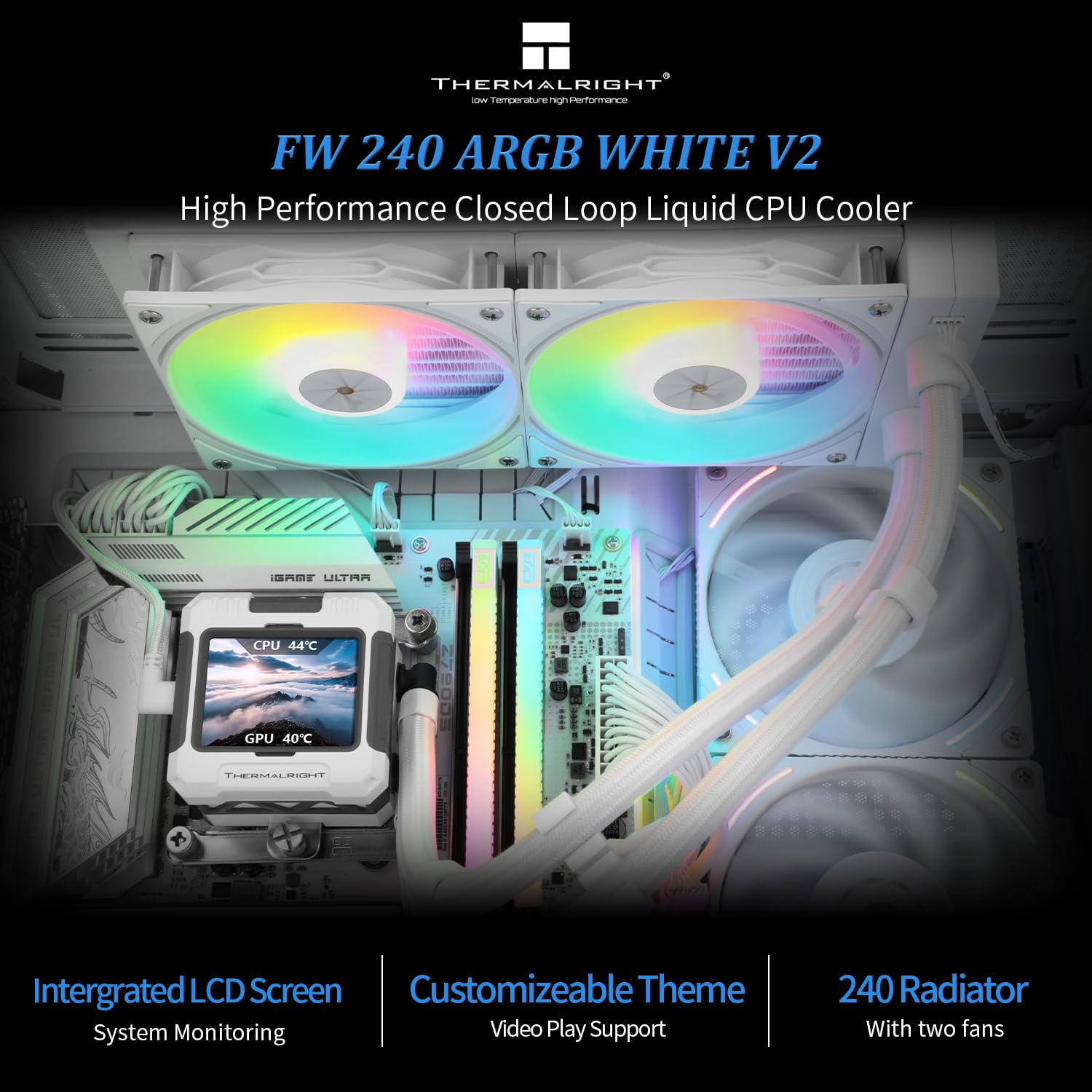 ENFRIADOR LÍQUIDO PARA CPU THERMALRIGHT FW240 WHITE ARGB V2 CON 2 VENTILADORES PWM Y PANTALLA IPS LCD - 2