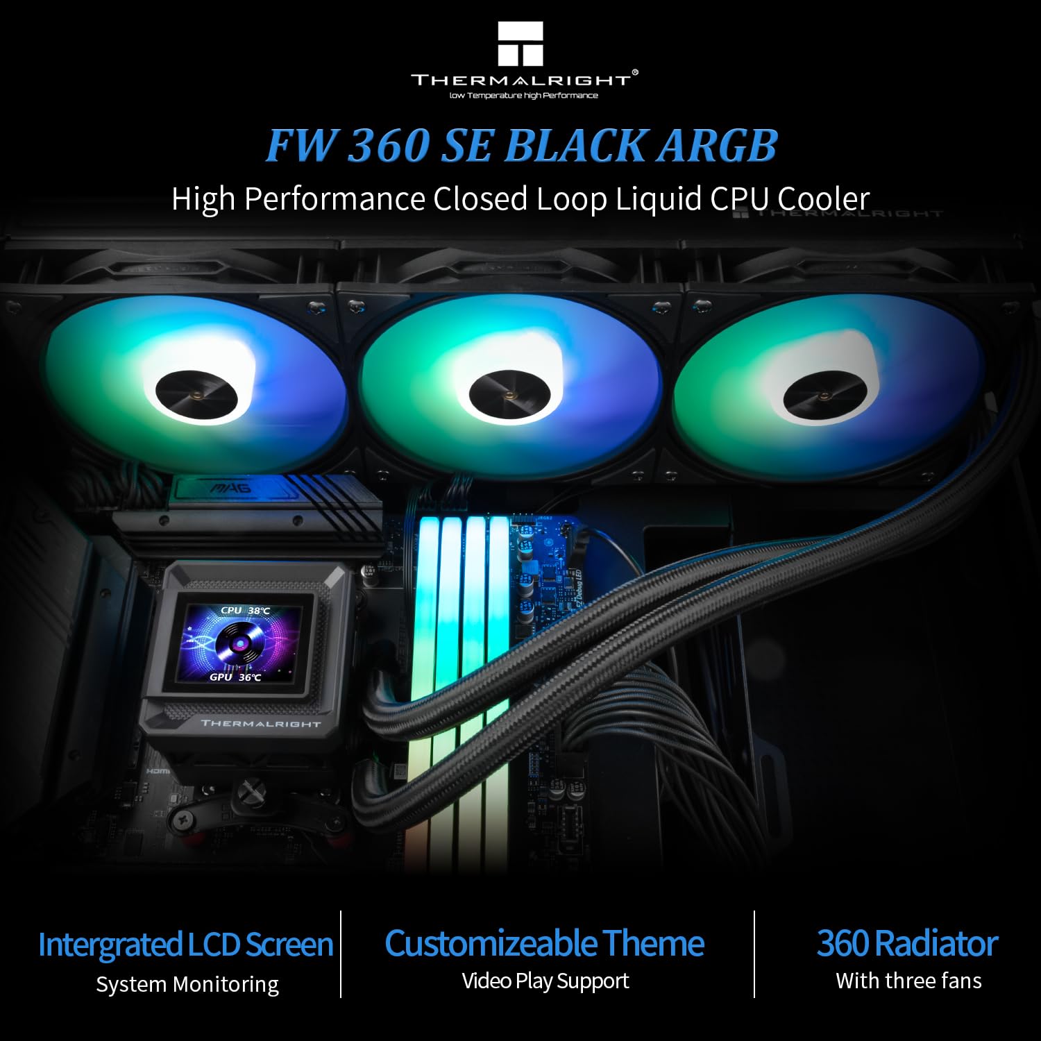 REFRIGERACIÓN LÍQUIDA THERMALRIGHT FW360 SE ARGB BLACK CON PANTALLA LCD 2 PULGADAS PARA CPU - 3