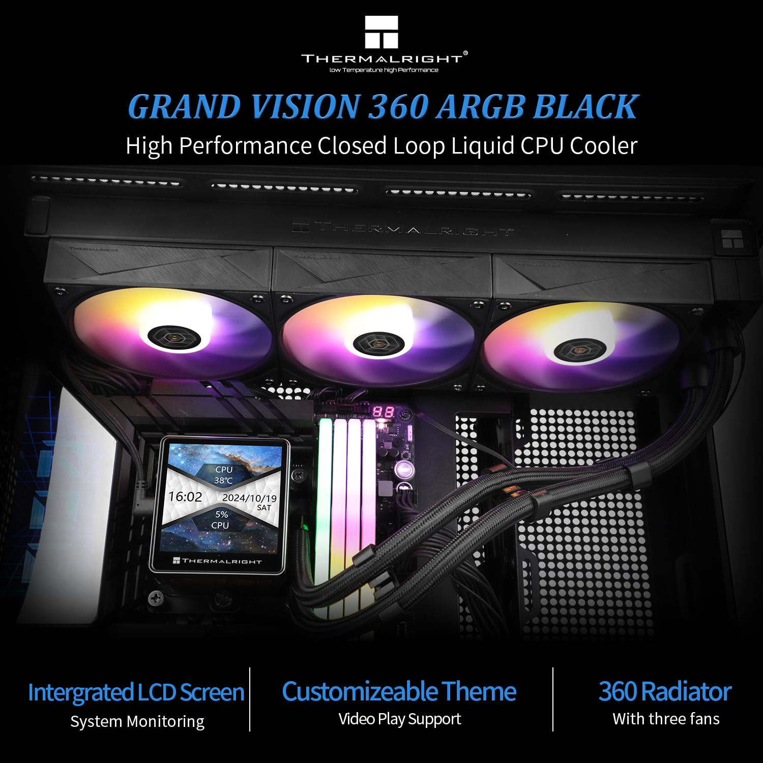 ENFRIADOR LÍQUIDO PARA CPU THERMALRIGHT GRAND VISION 360 ARGB BLACK CON PANTALLA LCD IPS 3.4' - 2