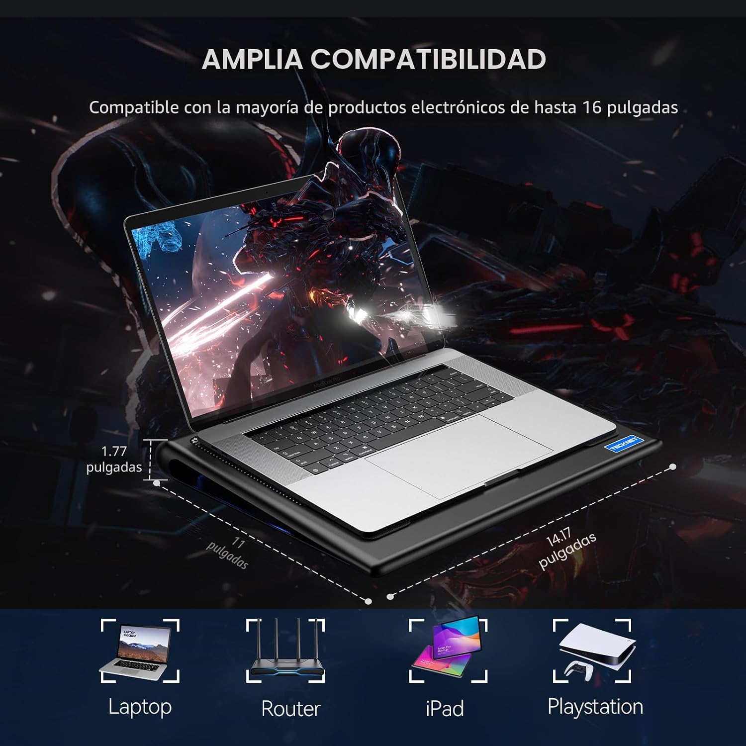 BASE DE ENFRIAMIENTO PARA LAPTOP TECKNET 12-15.6 PULGADAS CON VENTILADORES SILENCIOSOS - 5