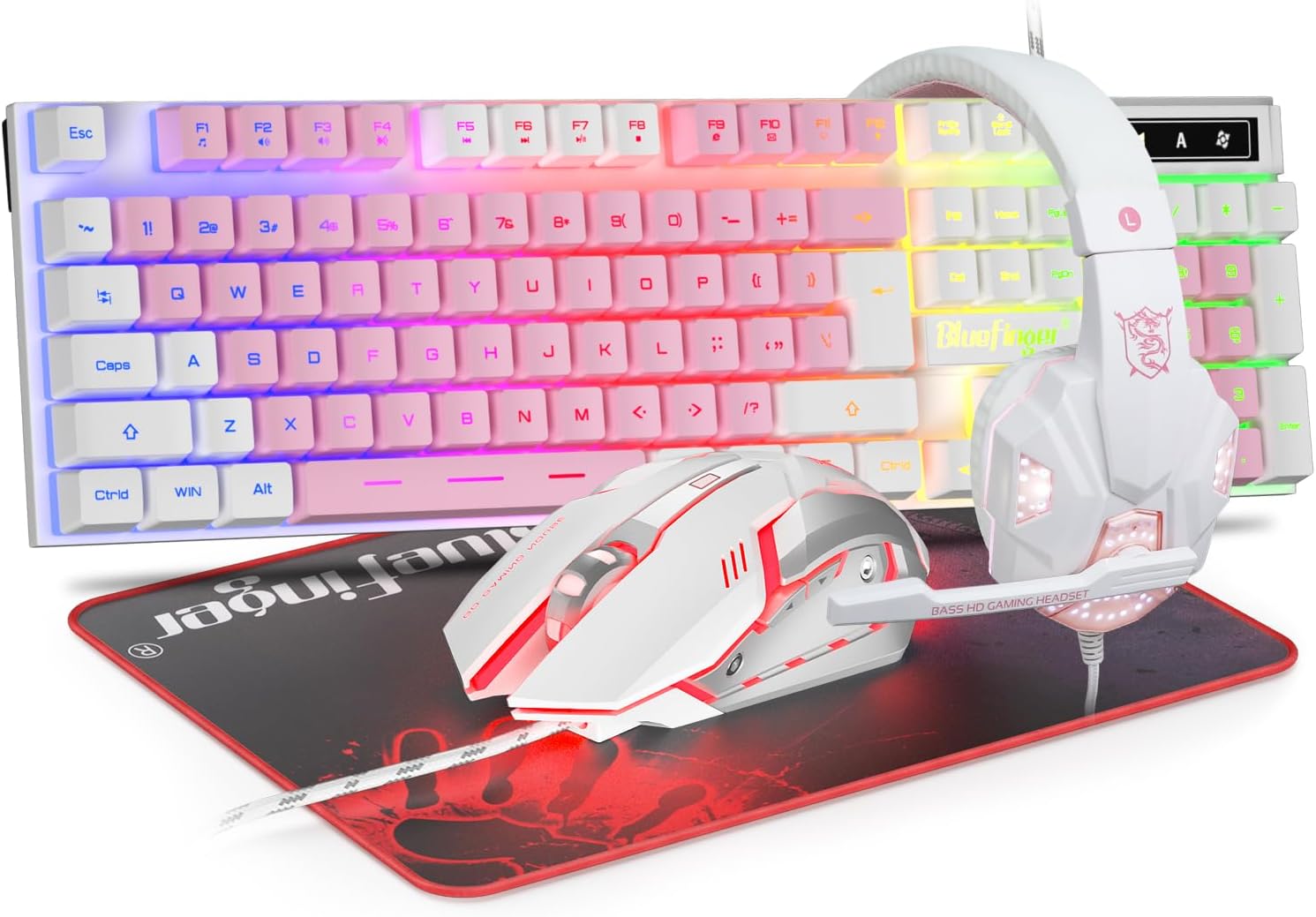 KIT DE TECLADO, MOUSE Y HEADSET BLUEFINGER RGB GAMING BLANCO Y ROSA - 1